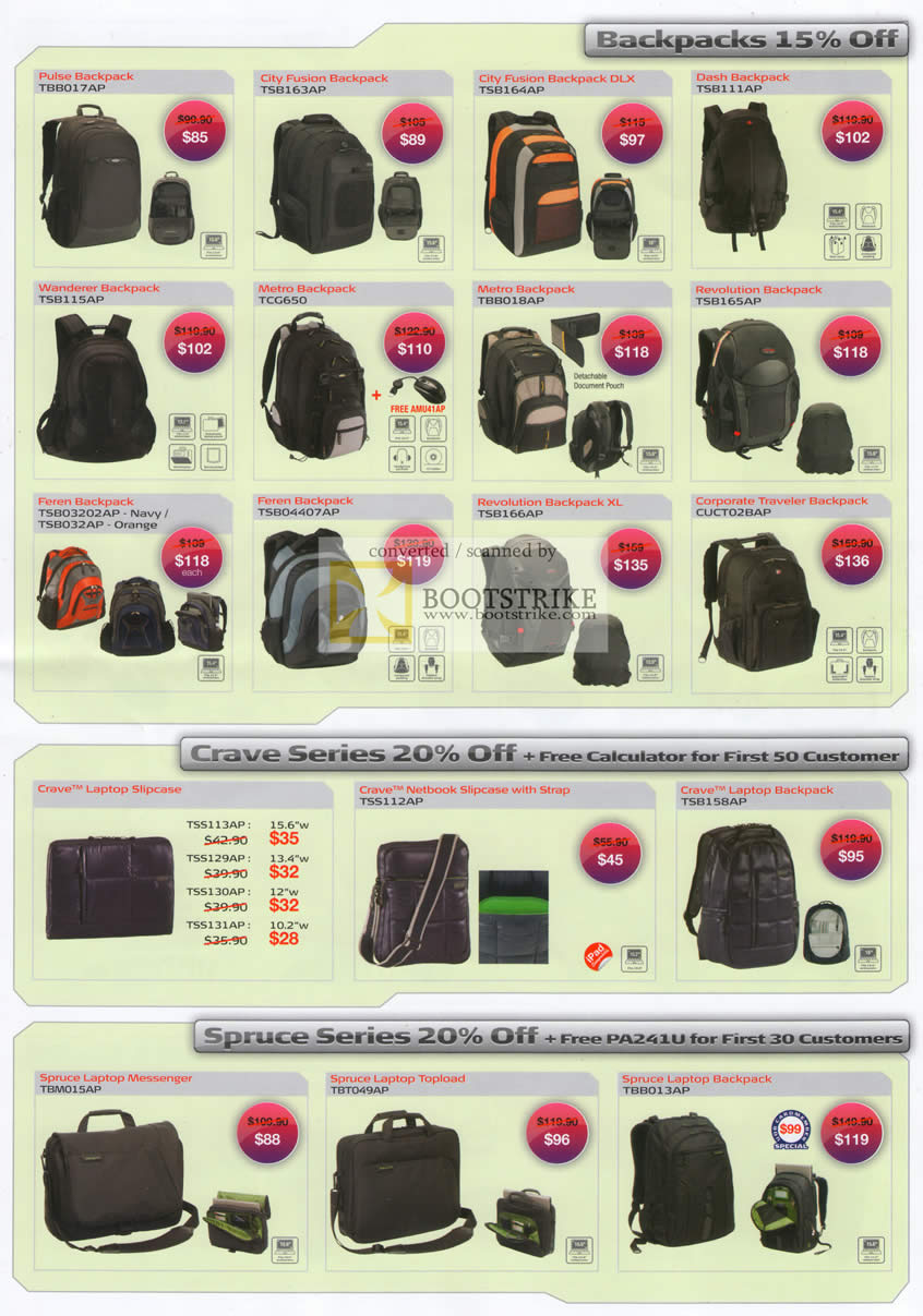 PC Show 2010 price list image brochure of Targus Backpacks Pulse City Fusion Dash Wanderer Metro Revolution Corporate Crave Case Spruce