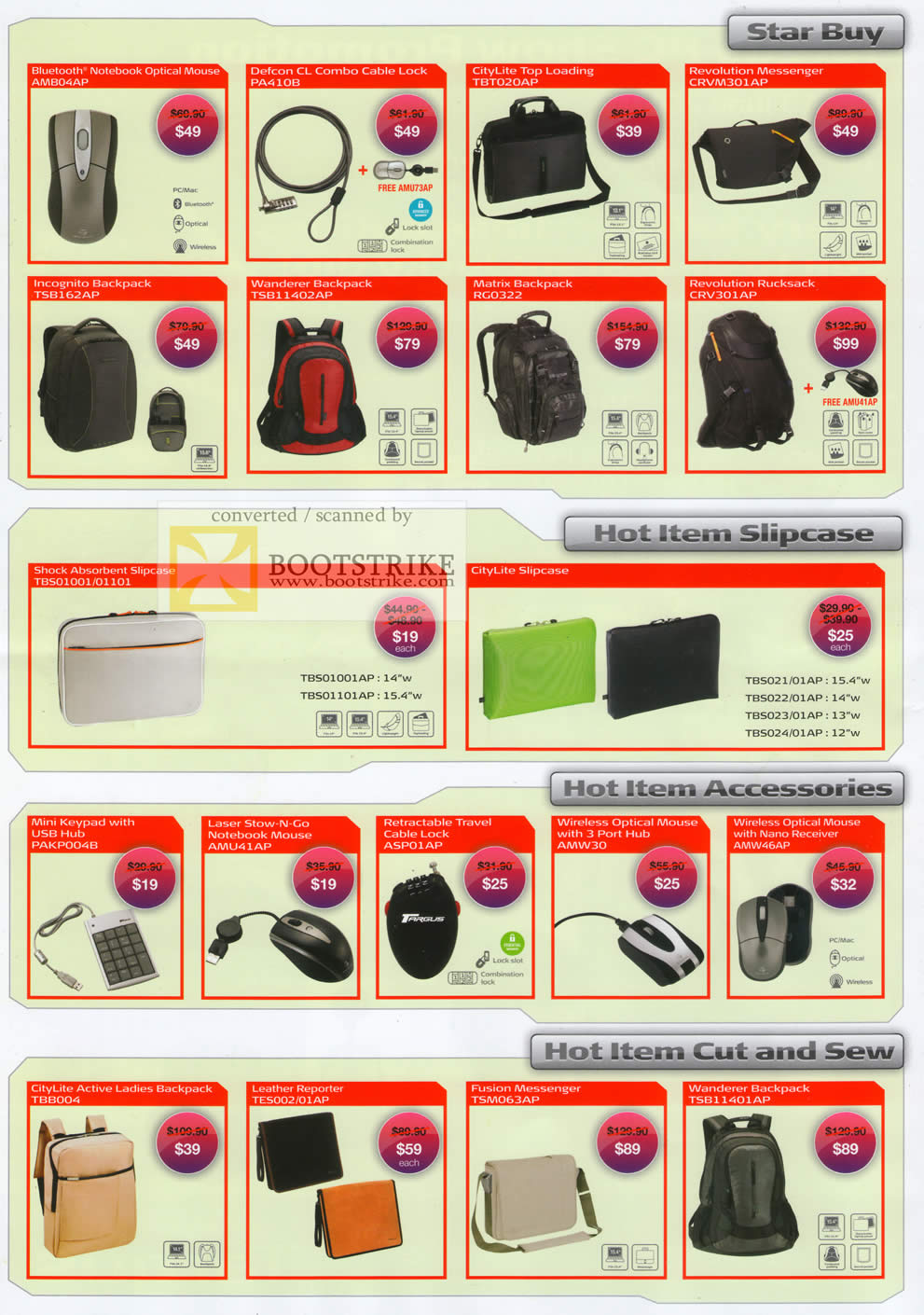 PC Show 2010 price list image brochure of Targus Bluetooth Notebook Mouse Cable Lock Casing Bag Backpack Citylite Mini Keypad