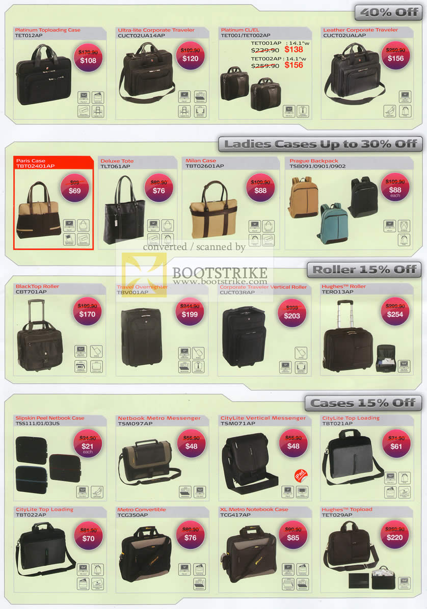 PC Show 2010 price list image brochure of Targus Notebook Case Traveler Poris Deluxe Tote Milan Prague Slipskin CityLite Metro Hughes