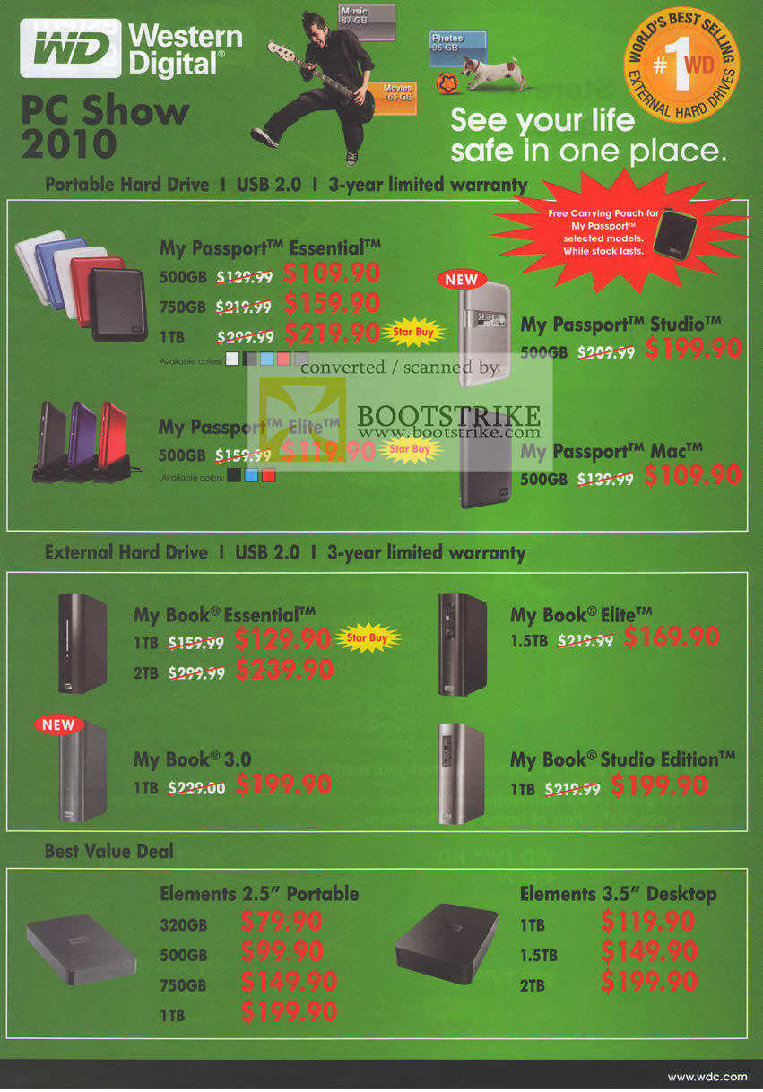 PC Show 2010 price list image brochure of Western Digital External Storage Passport Essential Elite Studio Mac Book Elements Desktop Portable