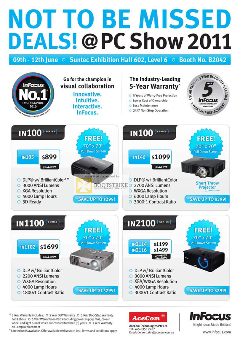 PC Show 2011 price list image brochure of AceCom InFocus Projectors IN100 IN1100 IN2100 IN105 IN146 IN1102 IN2114 IN2116