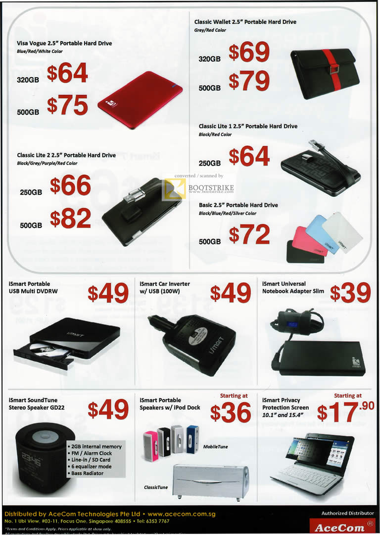 PC Show 2011 price list image brochure of AceCom ISmart External Storage Visa Vogue Classic Lite Wallet Portable Hard Drive Basic USB DVD-RW Universal Adapter Speakers Dock SoundTune