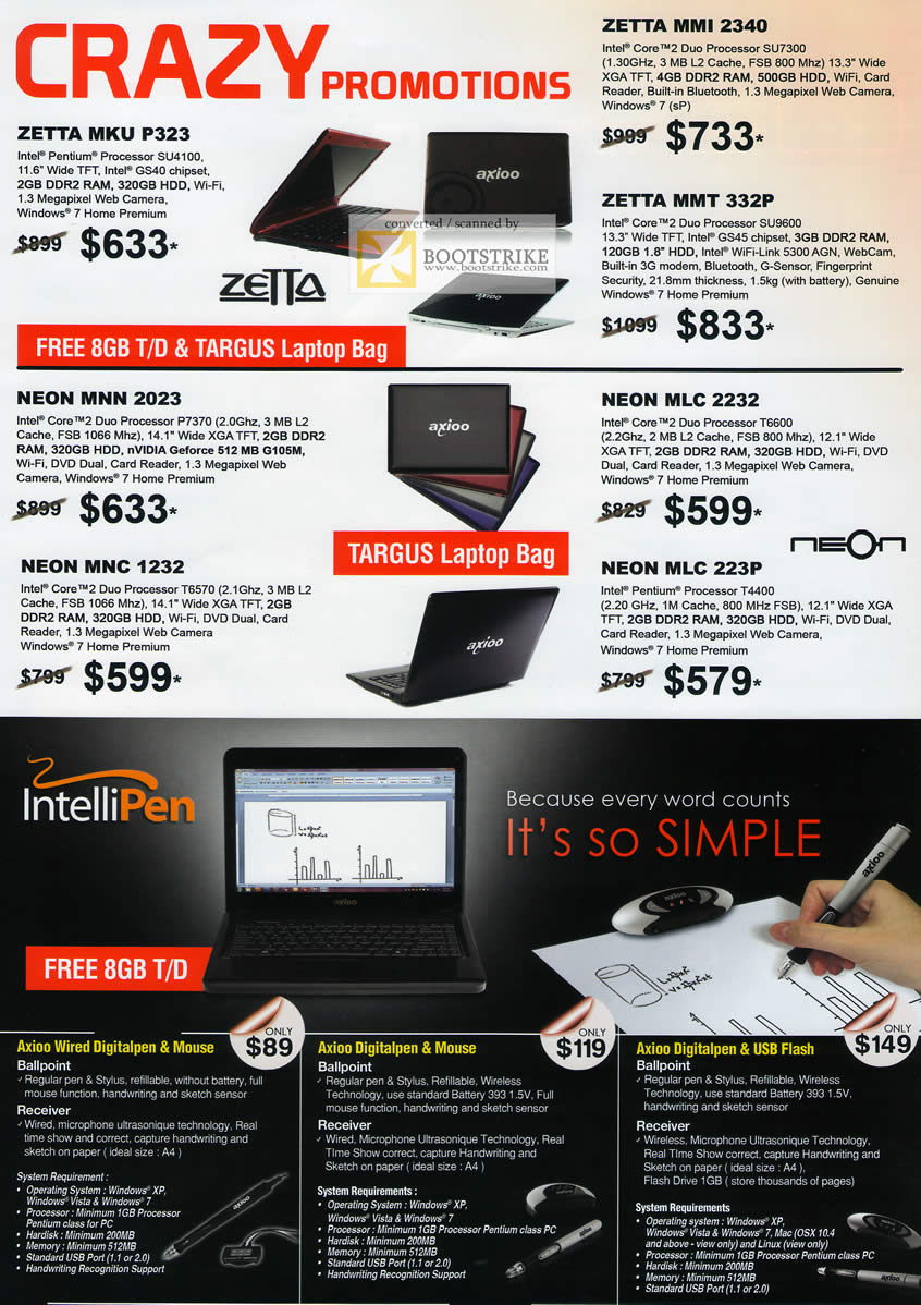 PC Show 2011 price list image brochure of Axioo Notebooks ZETTA MKU P323 MMIN 2340 MMT 332P Neon MNN 2023 MLC 2232 MNC 1232 MLC 223P Intellipen Digitalpen Mouse USB Flash