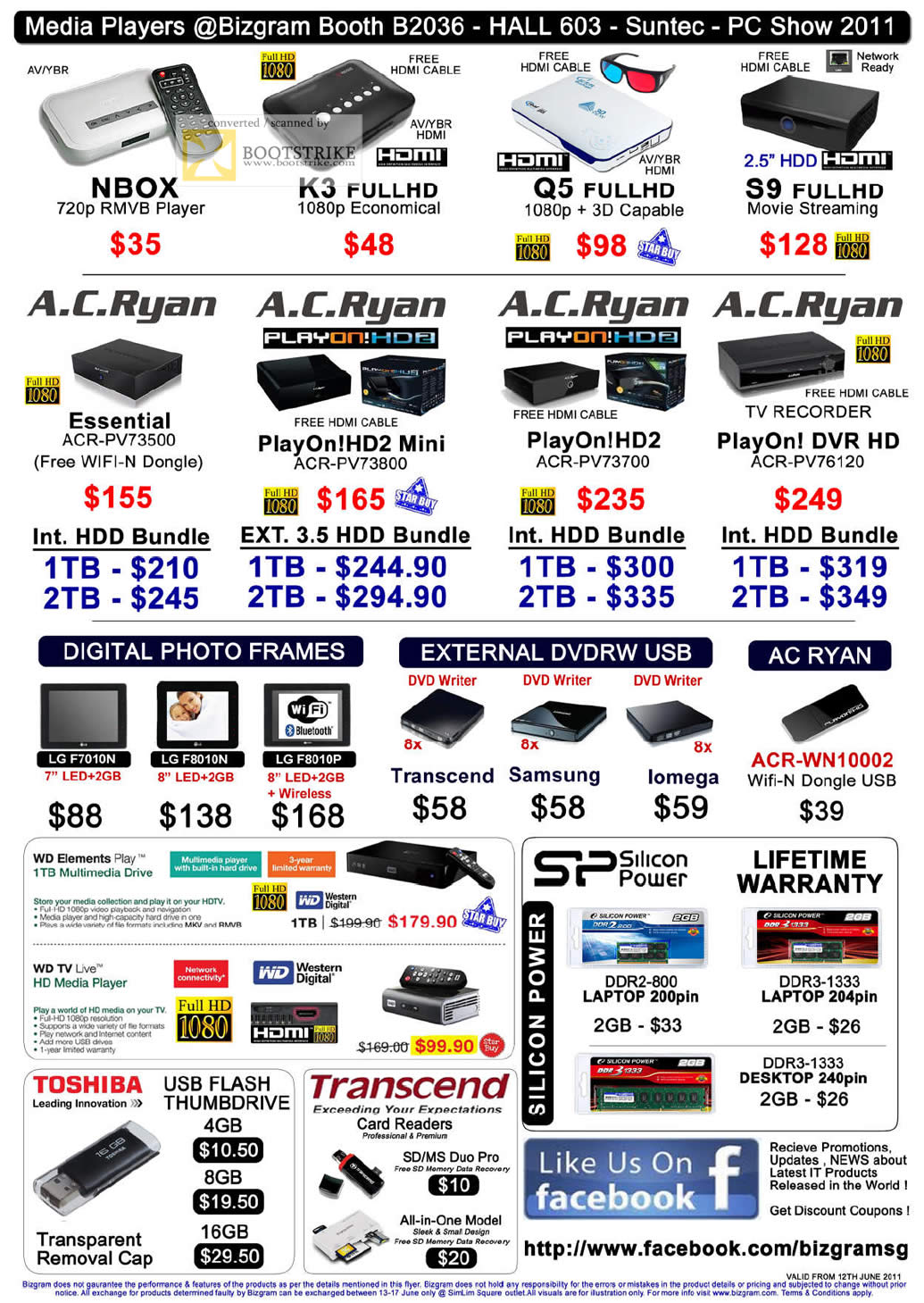 PC Show 2011 price list image brochure of Bizgram Media Players A.C.Ryan Play On HD2 Essential ACR LG Digital Photo Frame Exteran DVD-RW Acer Samsung Silicon Power SDHC DDR2 RAM DDR3 MicroSD