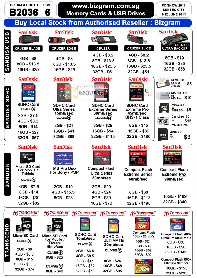 PC Show 2011 price list image brochure of Bizgram Sandisk USB Cruzer Blade Edge Slice Ultra Backup Flash Memory SDHC MicroSim MS Pro Duo MicroSD CF Transcend