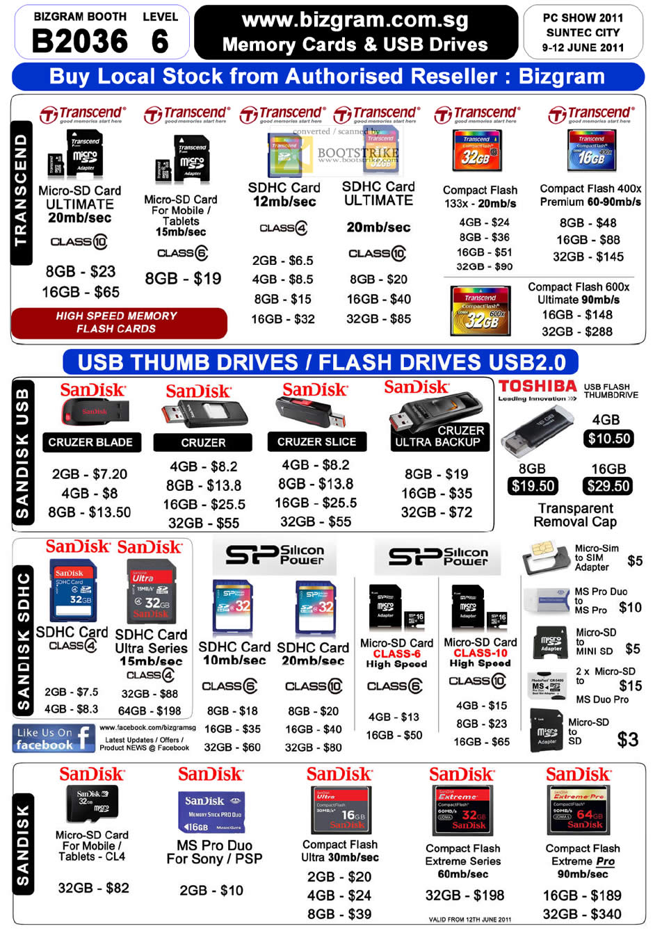 PC Show 2011 price list image brochure of Bizgram Sandisk USB Cruzer Blade Edge Slice Ultra Backup Flash Memory SDHC MicroSim MS Pro Duo MicroSD CF Transcend.jpg