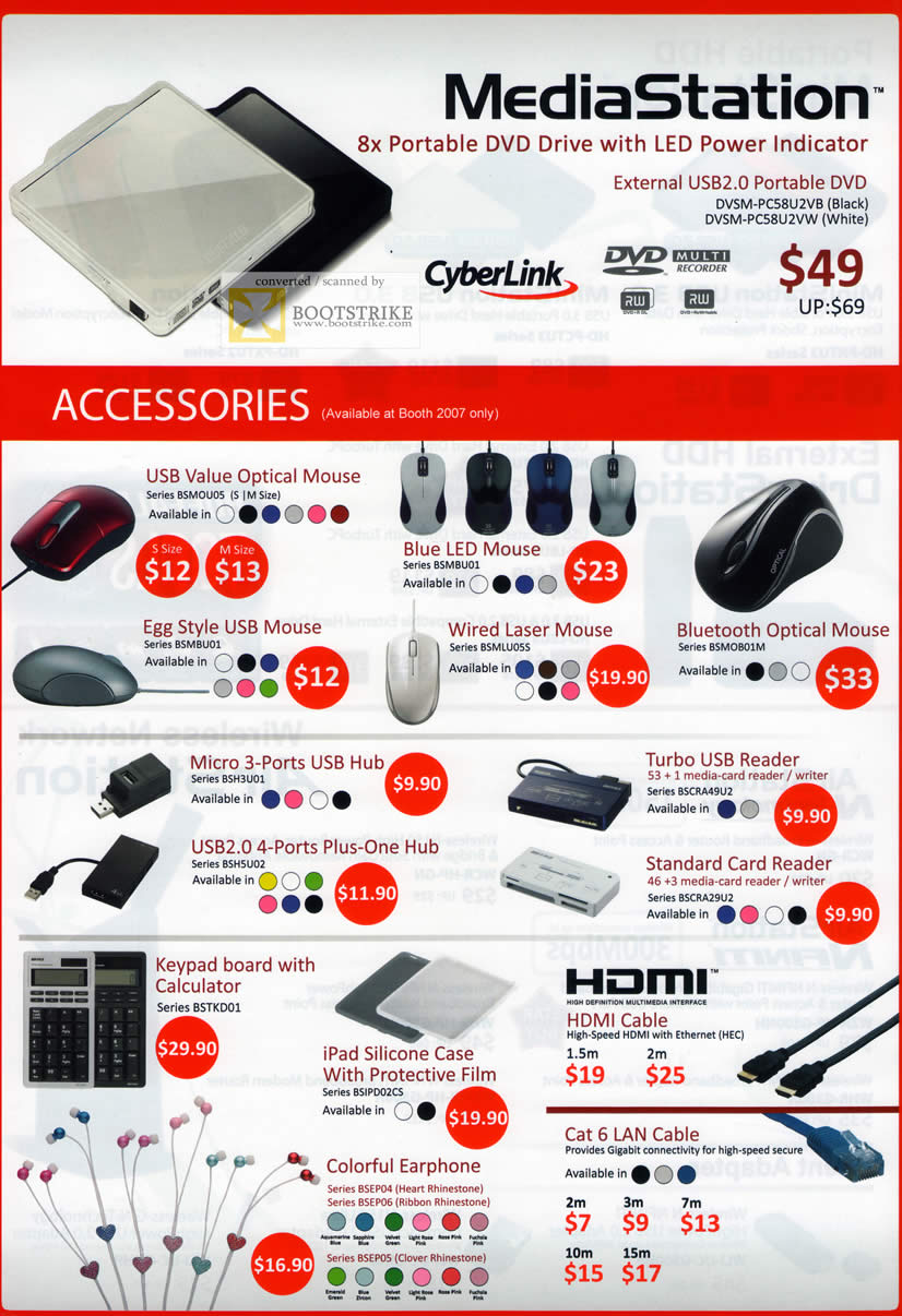 PC Show 2011 price list image brochure of Buffalo MediaStation External DVD Accessories Mouse LED Bluetooth Wireless USB Hub Keypad IPad Case Earphone Card Reader