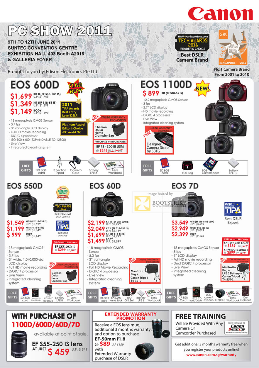 PC Show 2011 price list image brochure of Canon Digital Cameras DSLR EOS 600D 1100D 550D 60D 7D