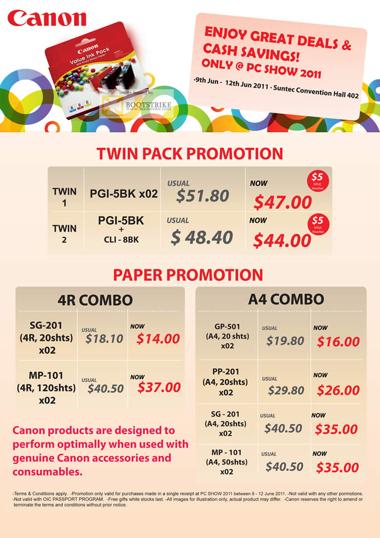 PC Show 2011 price list image brochure of Canon Paper Twin Pack 4R A4 PGI-5BK CLU-88K SG-201 MP-101 GP-501 PP-201 SG-201 MP-101