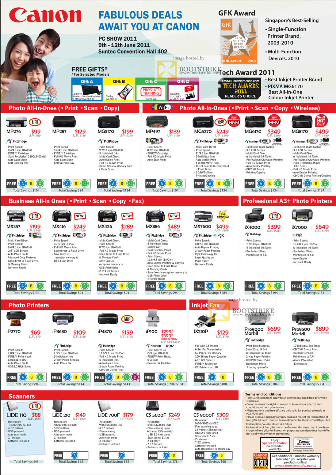 PC Show 2011 price list image brochure of Canon Printers Inkjet Photo All In One Professional A3 Business Fax Scanners LiDE 110 CS 900F IP2770 IP100 Pro9000 Mark II Pro9500 MG8170 MG5170