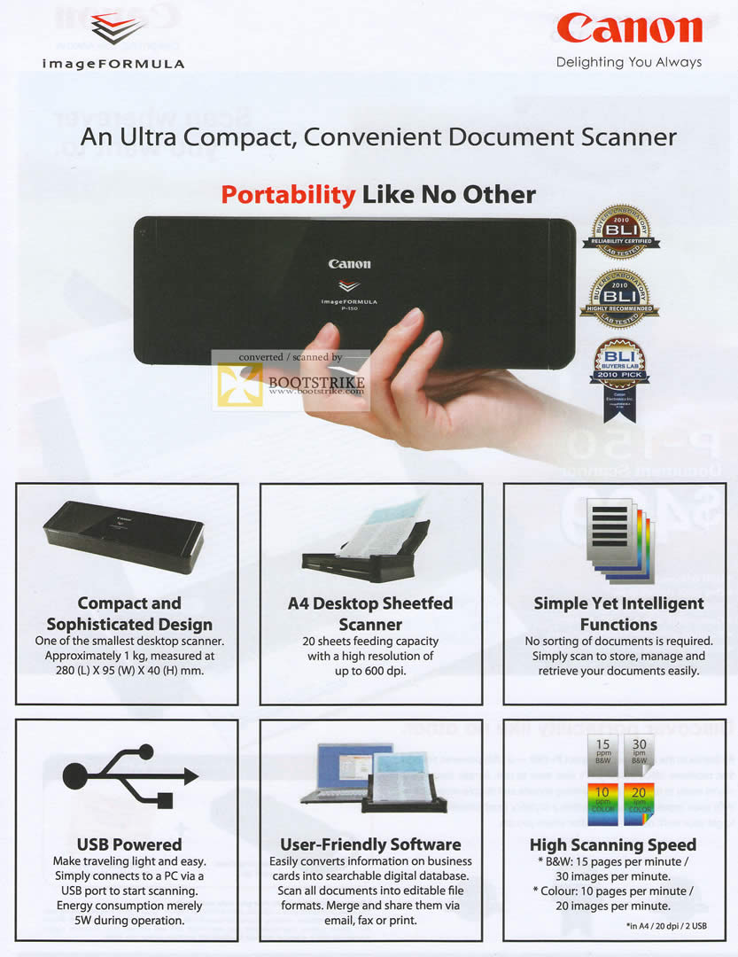 PC Show 2011 price list image brochure of Canon Scanner P-150 Document Features Sheetfed Portable USB