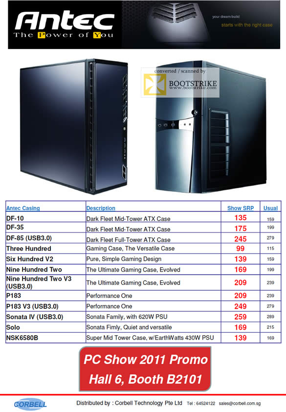 PC Show 2011 price list image brochure of Corbell Antec Casing Three Hundred Six Nine Two P183 Sonanta Solo DF NSK6580B