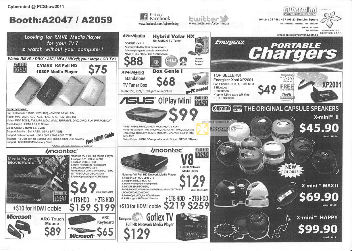 PC Show 2011 price list image brochure of Cybermind Media Player Cymax K5 Noontec ASUS O! Play Mini Avermedia Box Genie Hybrid Volar HX Energizer Charger X-Mini Microsoft Arc Seagate GoFlex TV