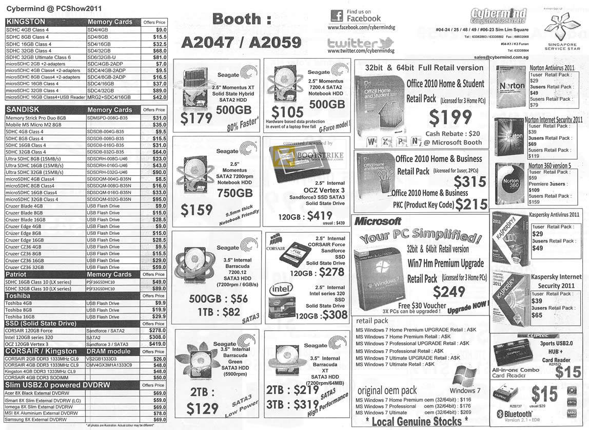 PC Show 2011 price list image brochure of Cybermind RAM Memory Kingston Sandisk Flash Drive Patriot Toshiba SSD Corsair External DVD-RW Storage Internal HDD Microsoft Anti Virus Kaspersky