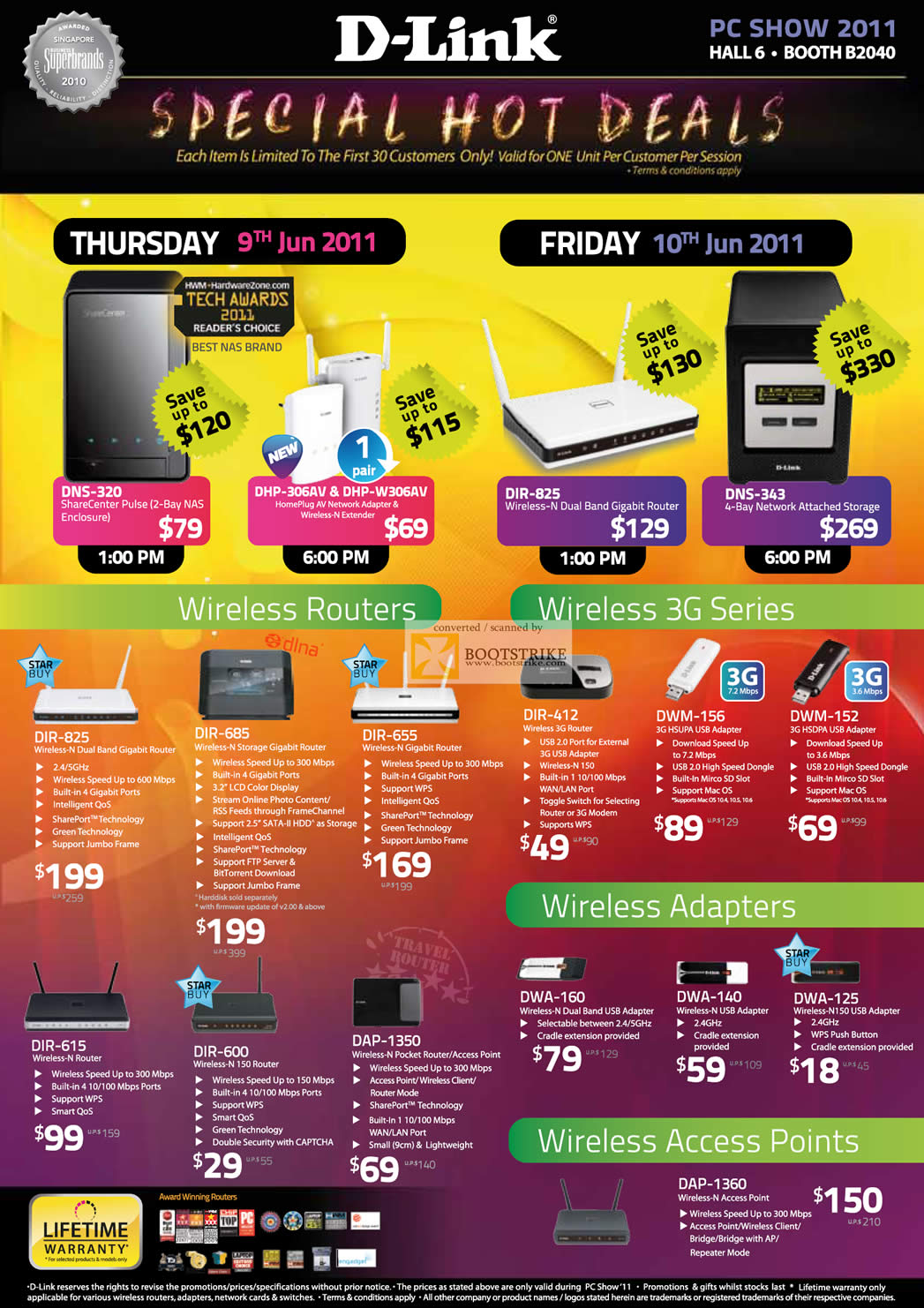 PC Show 2011 price list image brochure of D-Link Daily Deals ShareCenter Plus HomePlug Wireless Router NAS 3G Adapters DAP DIR DAP DWA DWM