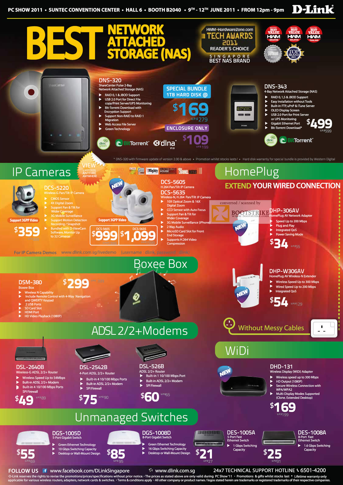 PC Show 2011 price list image brochure of D-Link NAS DNS-320 DNS-343 Webcam IPCam HomePlug Boxee Box ADSL ADSL2 Modems Widi Switches DGS DSL DHD DGS DES DSM DHC DCP