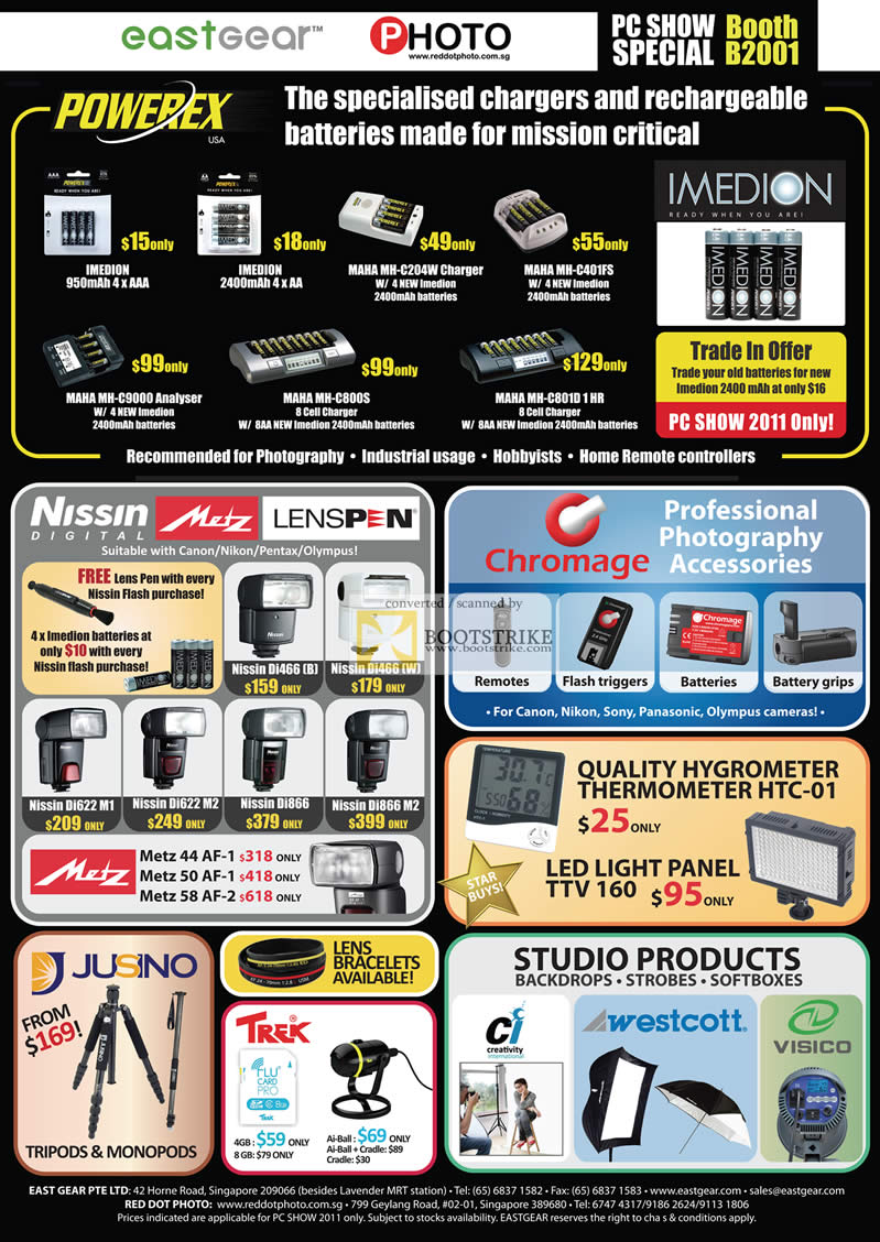 PC Show 2011 price list image brochure of Eastgear Red Dot Photo Powerex Imedion Charger Battery Maha Nissin Digital Metz Lenspen Chromage Jusino Trek Visico Westcott Ci Flash Thermometer Tripod