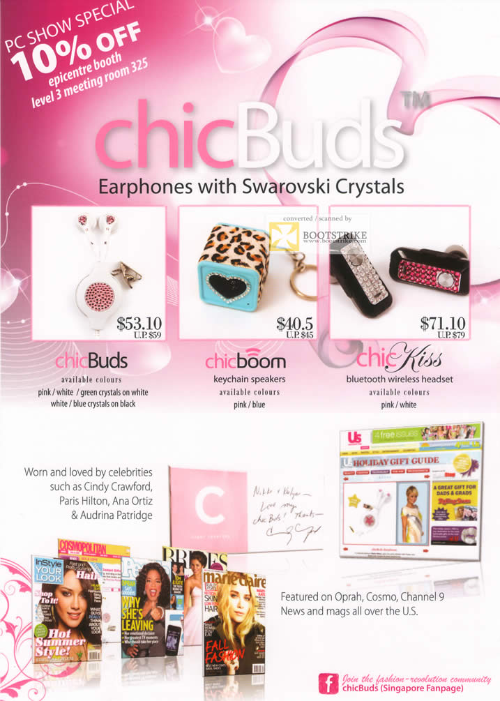 PC Show 2011 price list image brochure of EpiCentre ChicBuds Earphones Swarovski Crystal ChicBoom ChicKiss Speakers Headset Bluetooth Wireless