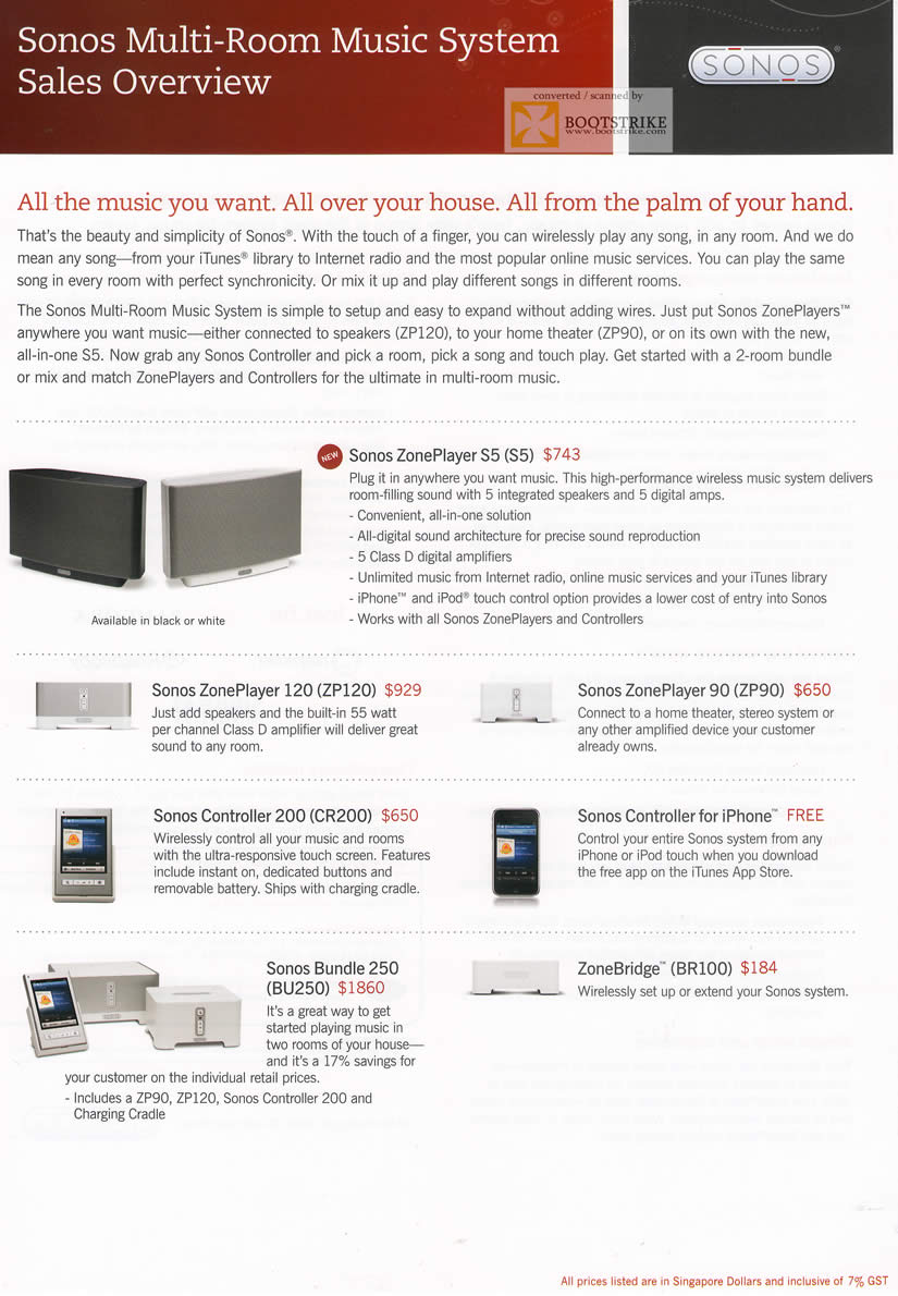 PC Show 2011 price list image brochure of EpiCentre Sonos Multi-Room Music System ZonePlayer S5 120 ZP120 90 ZP90 Controller 200 CR200 IPhone Bundle 250 BU250 ZoneBridge BR100