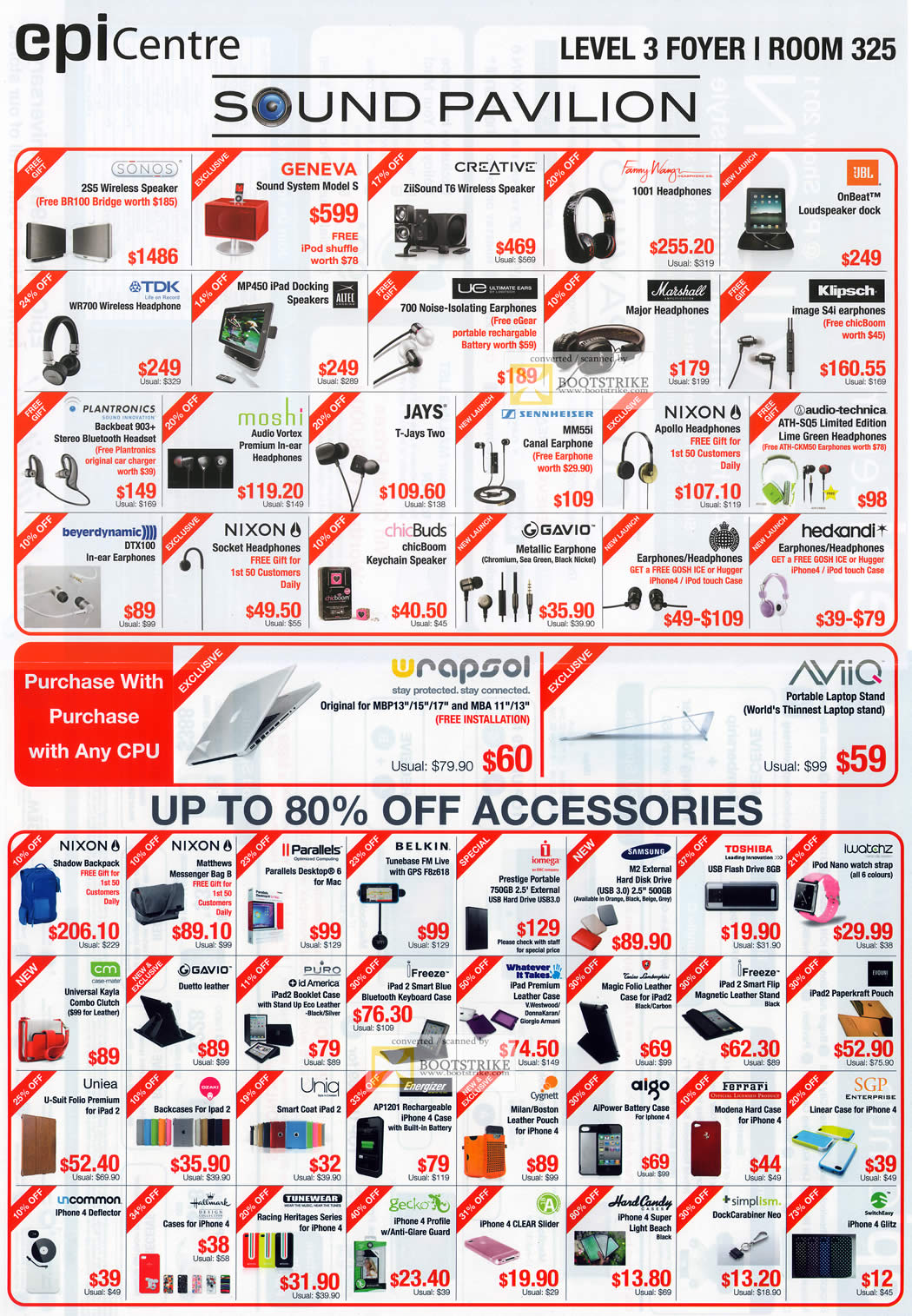 PC Show 2011 price list image brochure of EpiCentre Sound Pavilion Accessories Speaker Headset Headphones Earphones Case IPad IPhone Folio Flash USB Ultimate Ears Klipsch Jays Chicbuds Gavio TDK Belkin