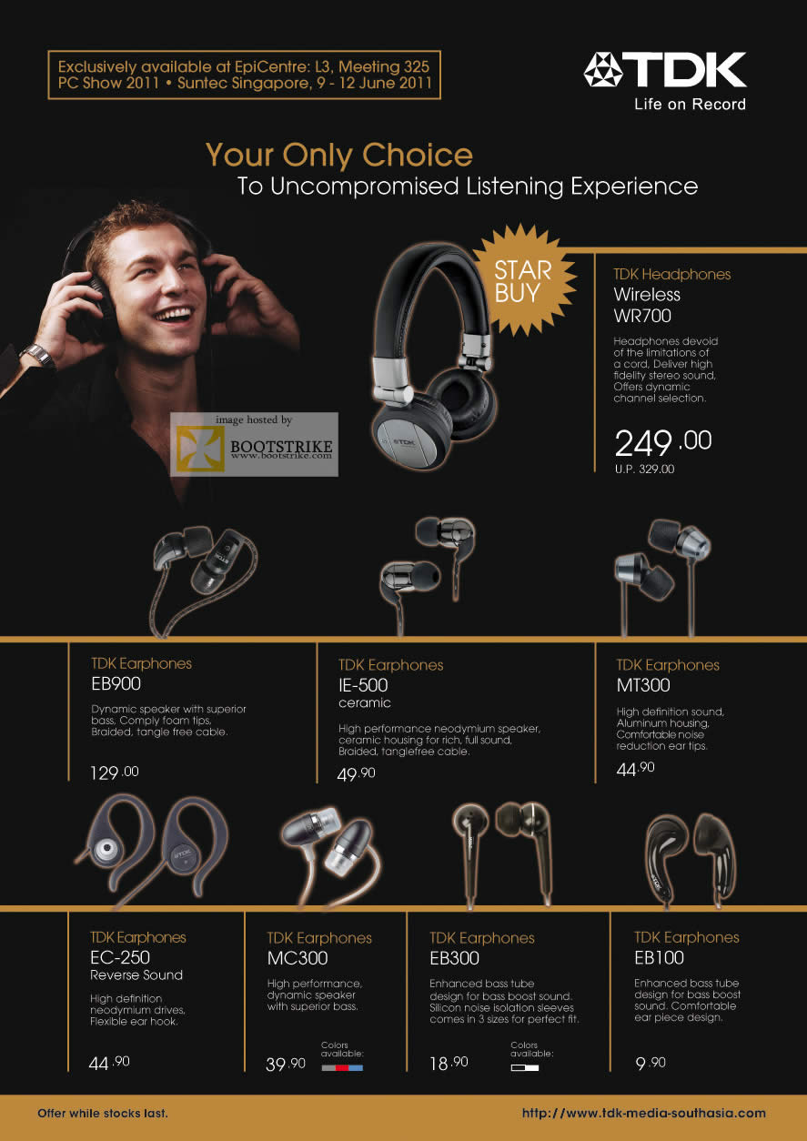 PC Show 2011 price list image brochure of EpiCentre TDK Headphones Wireless WR700 Earphones EB900 IE-500 MT300 EC-250 MC300 EB300 EB100