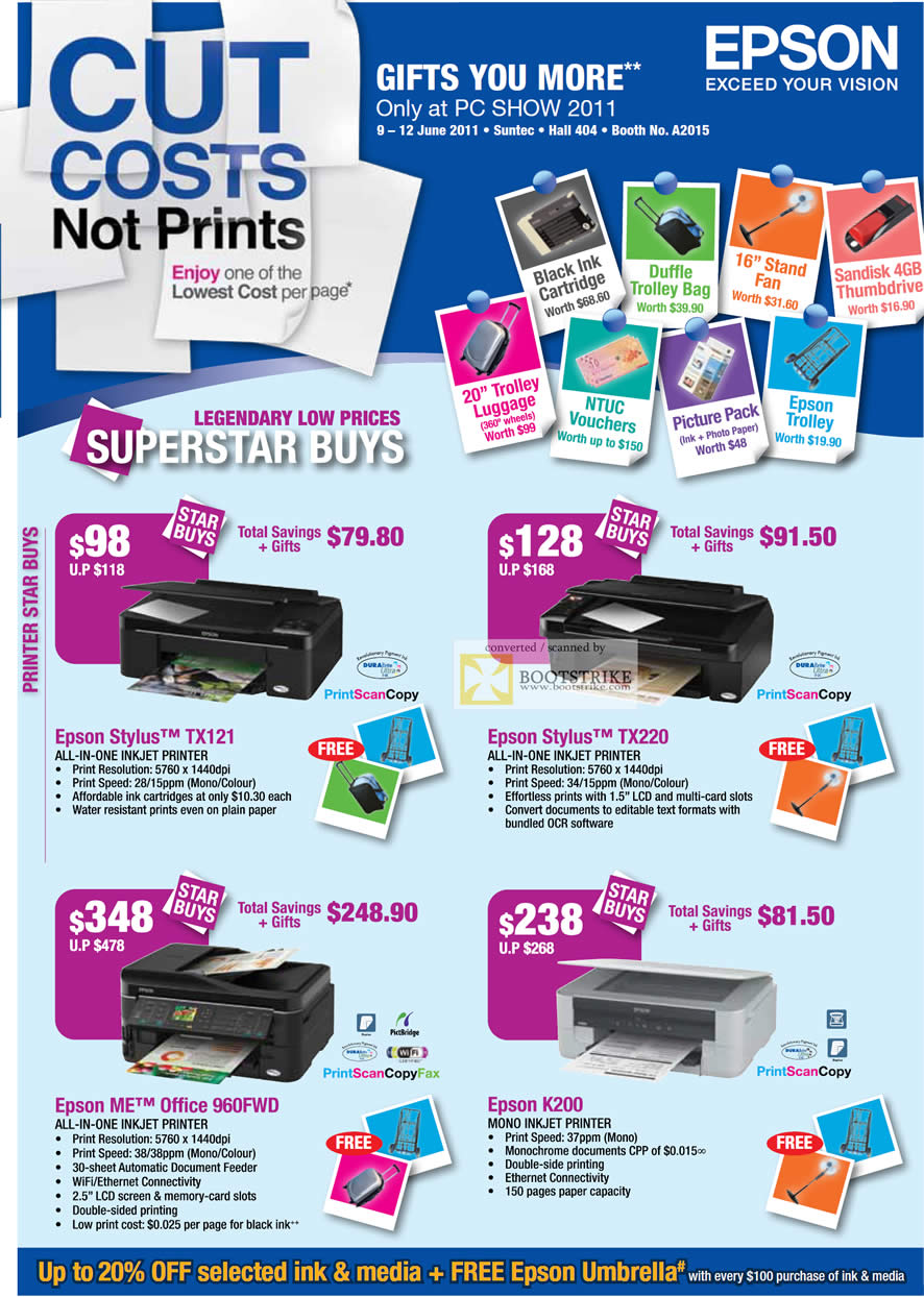 PC Show 2011 price list image brochure of Epson Printers Inkjet Stylus TX121 TX220 ME Office 960FWD K200