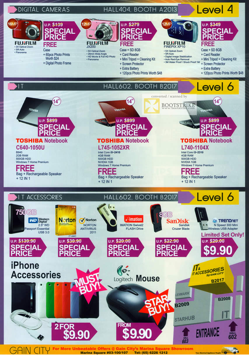 PC Show 2011 price list image brochure of Gain City Fujifilm Digital Cameras Toshiba Notebooks C640 L745 1052XR Extenal Storage Anti Virus Norton TRENDnet IPhone Case Mouse