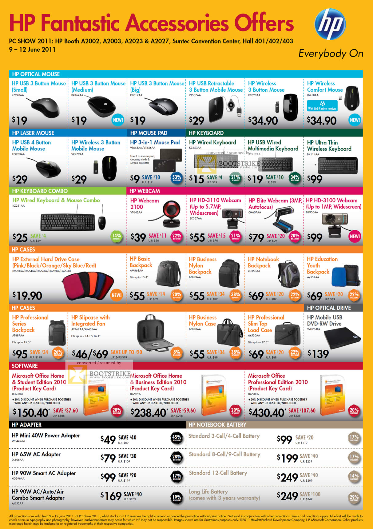 PC Show 2011 price list image brochure of HP Accessories Mouse Keyboard Wireless Comfort Webcam Case Backpack DVD-RW External Microsoft Office Home Business Professional Power Adapter Notebook Battery