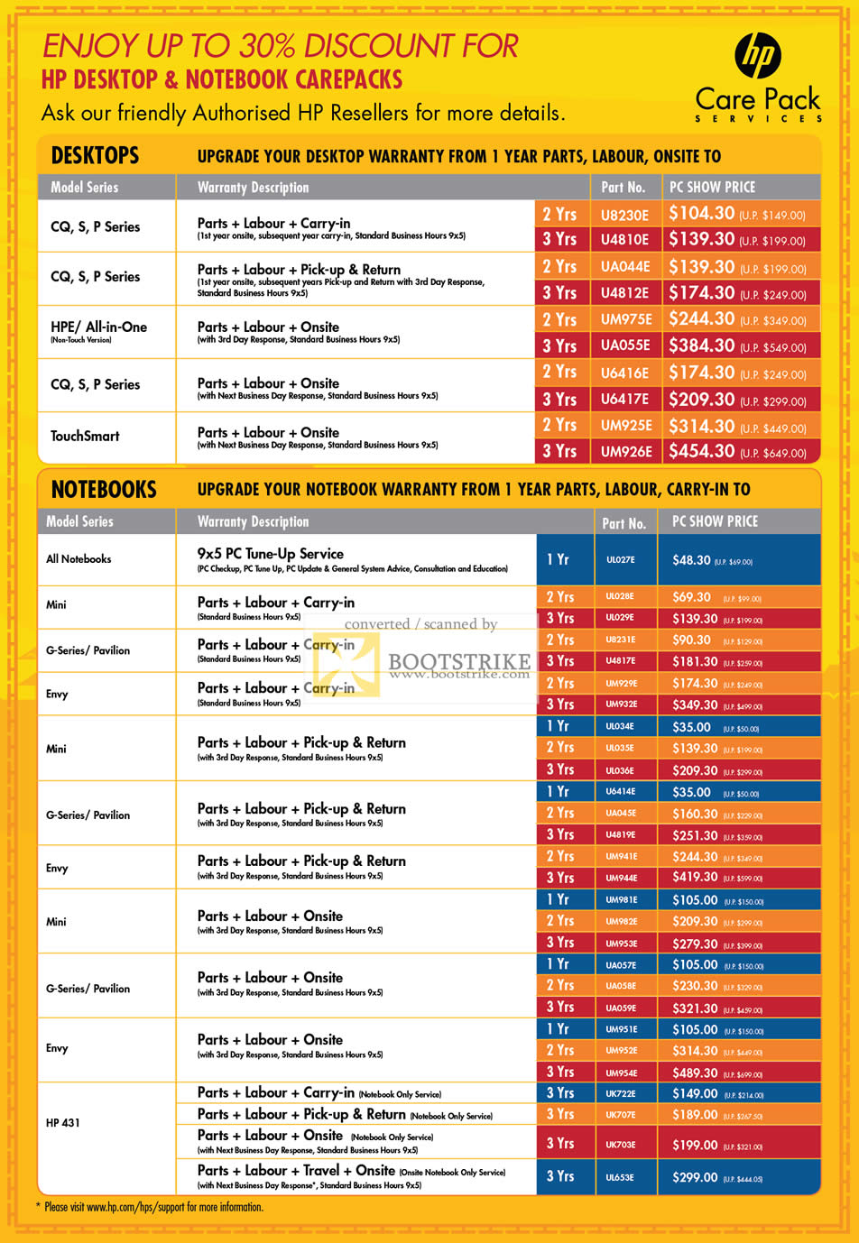 PC Show 2011 price list image brochure of HP Desktop Notebooks Care Pack Warranty Options Upgrades