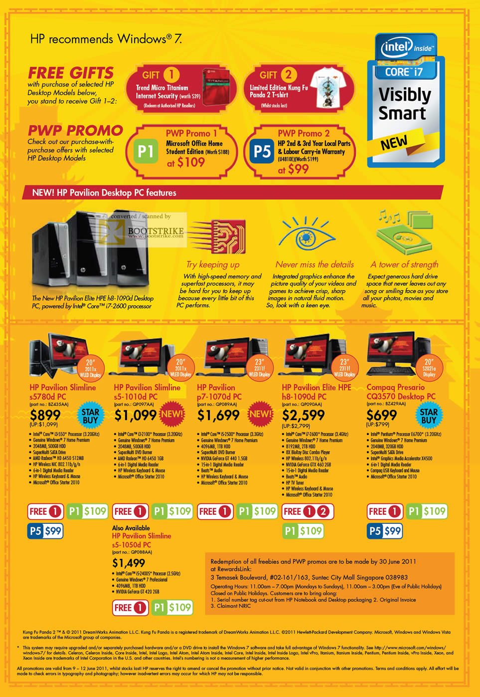 PC Show 2011 price list image brochure of HP Desktop PC Pavilion SLimline S5780d S5-1010d P7-1070d H8-1090d Compaq Presario CQ3570 Slimline S5-1050d