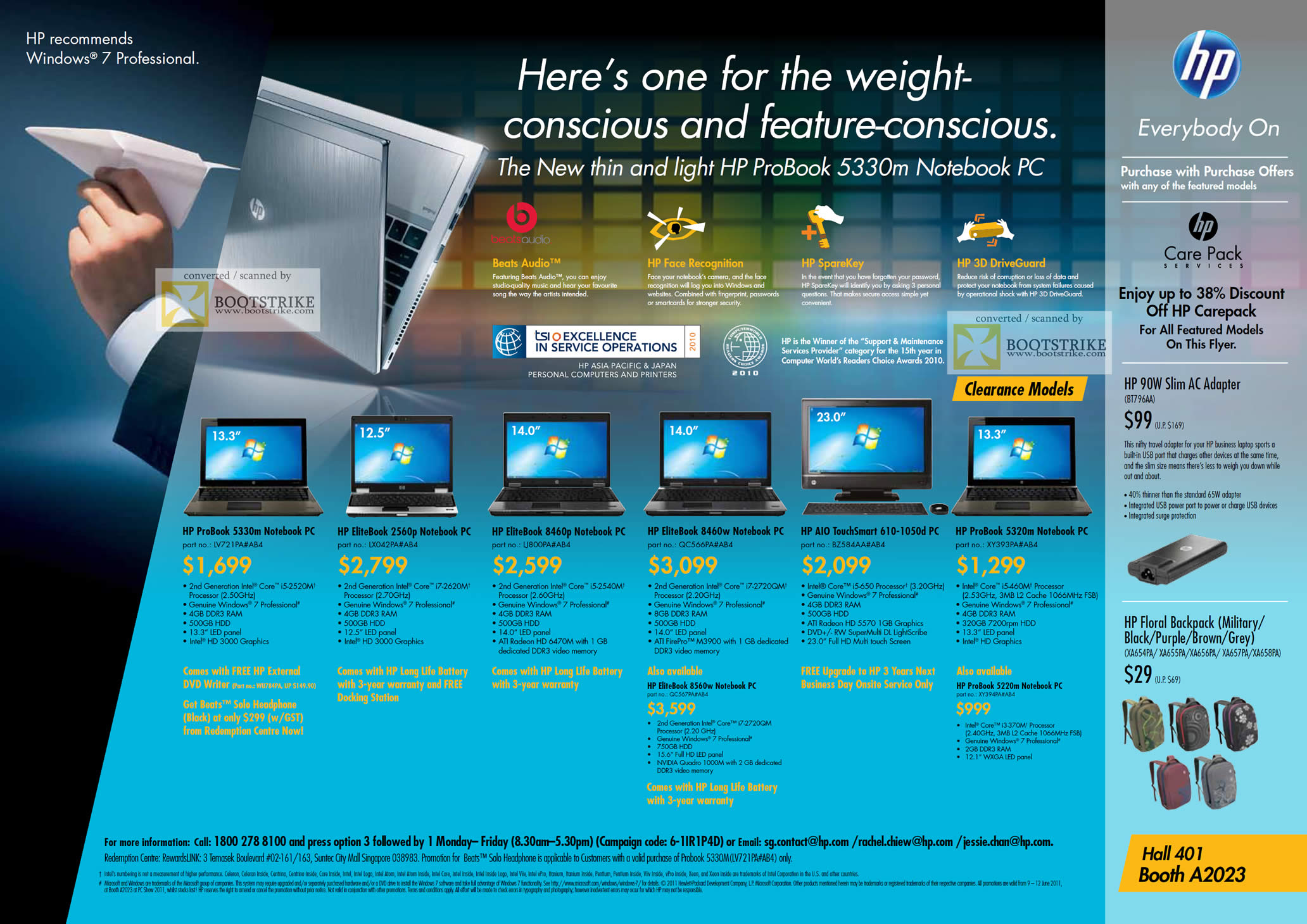 PC Show 2011 price list image brochure of HP Notebooks Desktop PC Business ProBook 5330m EliteBook 2560p 8460p 8460w 8560w AIO TouchSmart 610-1050d 5320m