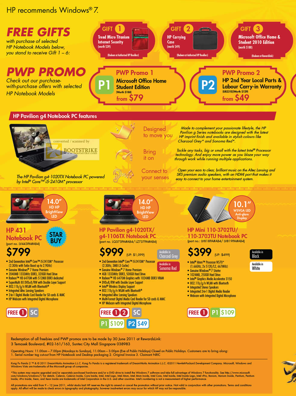 PC Show 2011 price list image brochure of HP Notebooks Pavilion 431 G4-1020TX G4-1106TX Mini 110-3702TU 110-3703TU