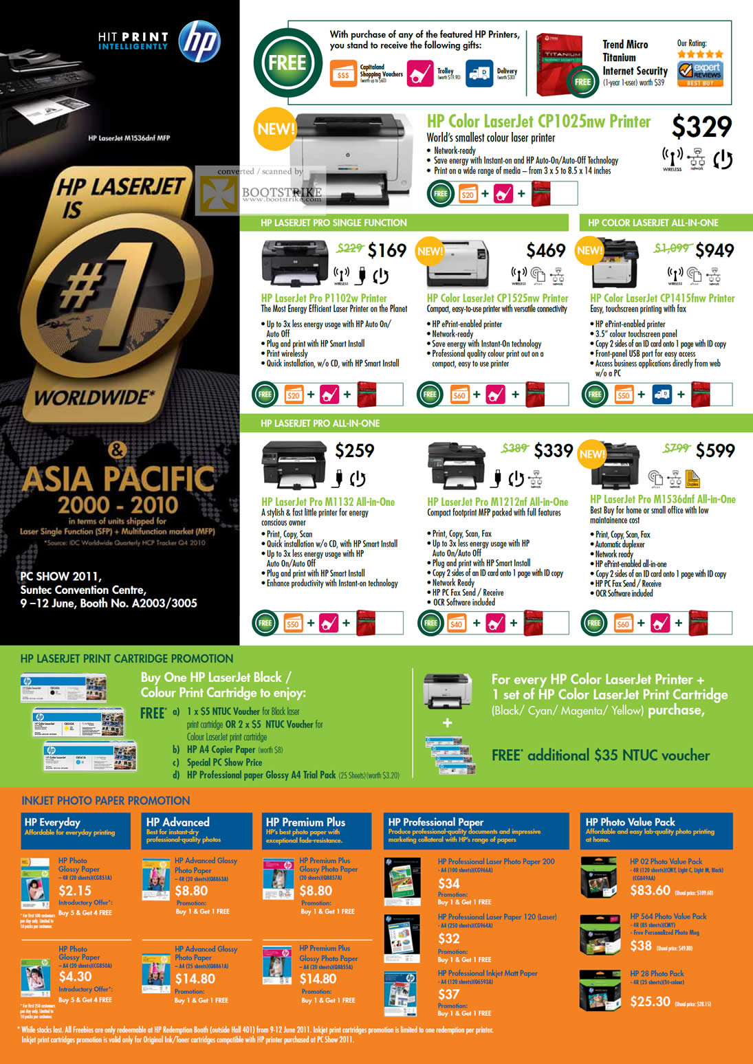 PC Show 2011 price list image brochure of HP Printers Laser LaserJet Pro Colour All-In-One Print Cartridge Toner Paper Inkjet Professional Premium Everyday Advanced Photo Value Pack