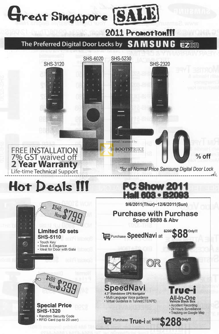 PC Show 2011 price list image brochure of Hanman Samsung Digital Door Locks Ezon SHS-5110 SHS-1320 SpeedNavi GPS Navigator Trui-I Vehicle Black Box