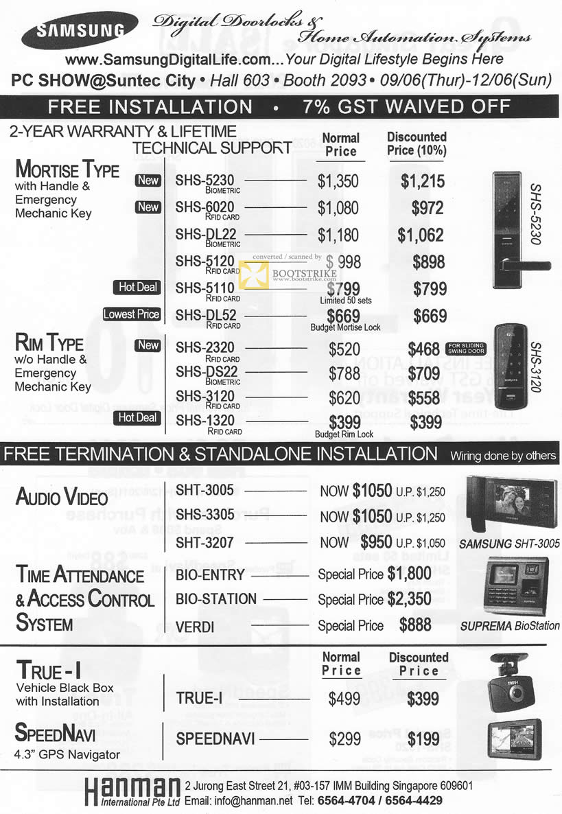 PC Show 2011 price list image brochure of Hanman Samsung Digital Doorlocks Home Automation System Mortise RIM Handle SHS 5230 3120 True-I SHT-3005 Suprema BioStation