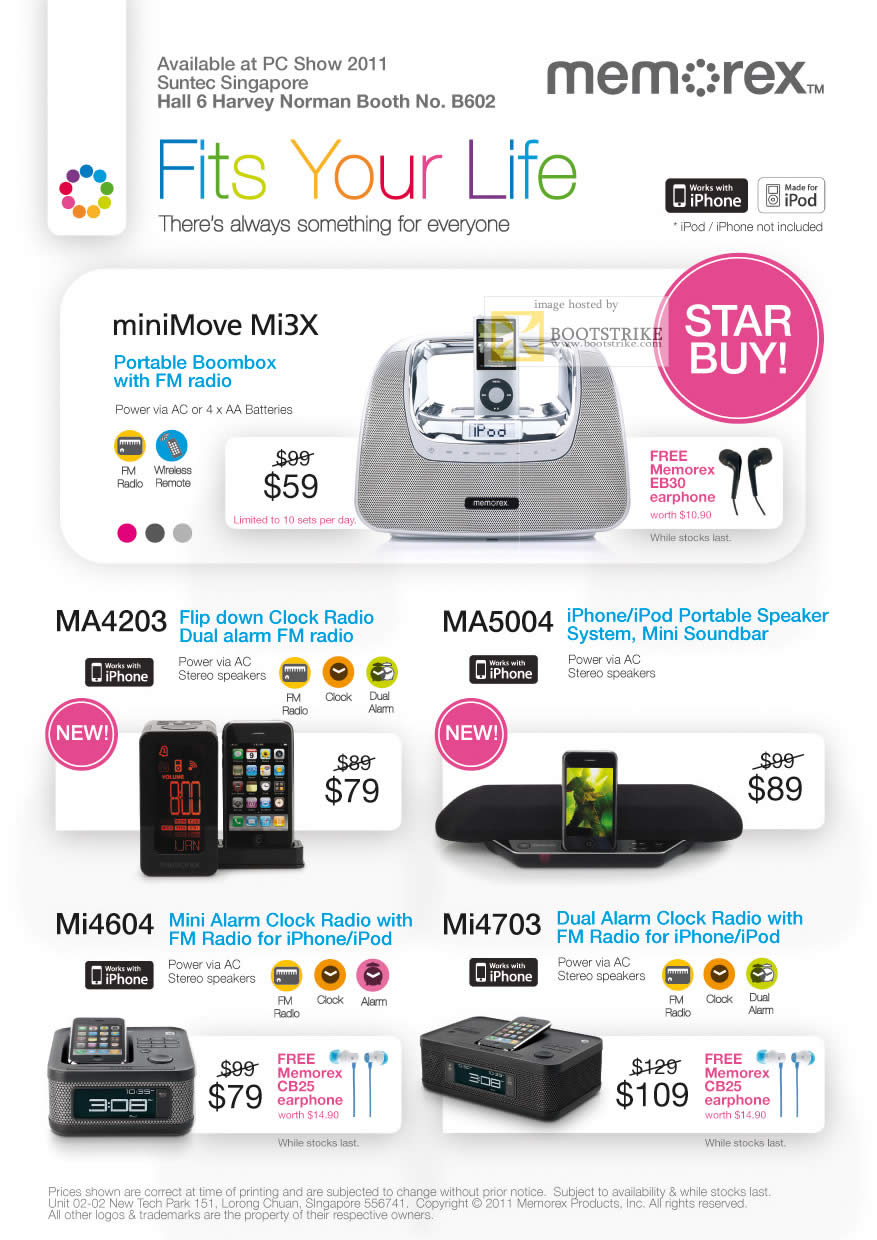 PC Show 2011 price list image brochure of Harvey Norman Memorex MiniMove Mi3X Speakers Alarm Clock Radio Boombox Mini Soundbar MA4203 MA5004 Mi4604 Mi4703