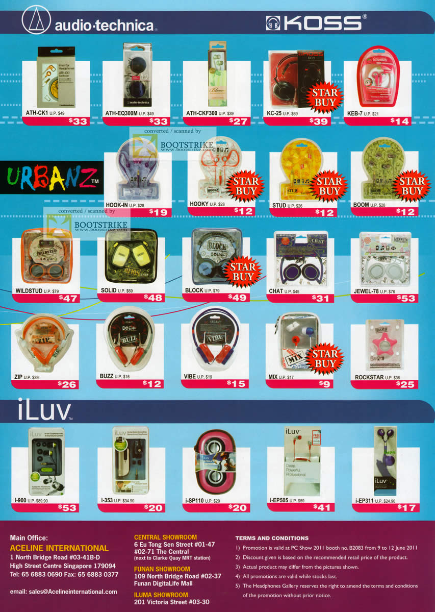 PC Show 2011 price list image brochure of Headphones Gallery Audio Technica Koss Urbanz ILuv ATH CK1 EQ300M Hook In Stud Boom Block Chat I-900 I-353 I-EP505 Buzz Zip Rockstar Jewel-78