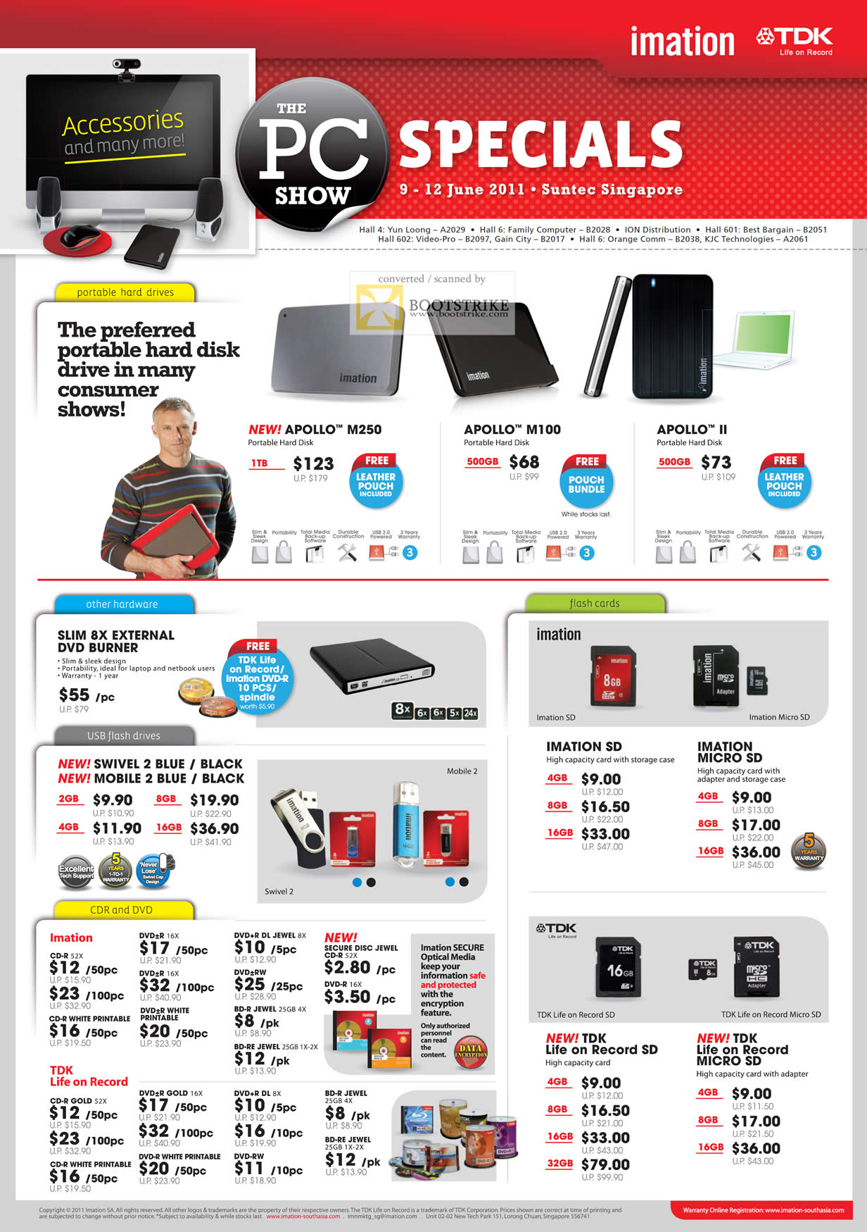 PC Show 2011 price list image brochure of Imation TDK External Storage Apollo M250 M100 II USB Flash Drive Swivel 2 Mobile Memory MicroSD SD CD-R DVD-R