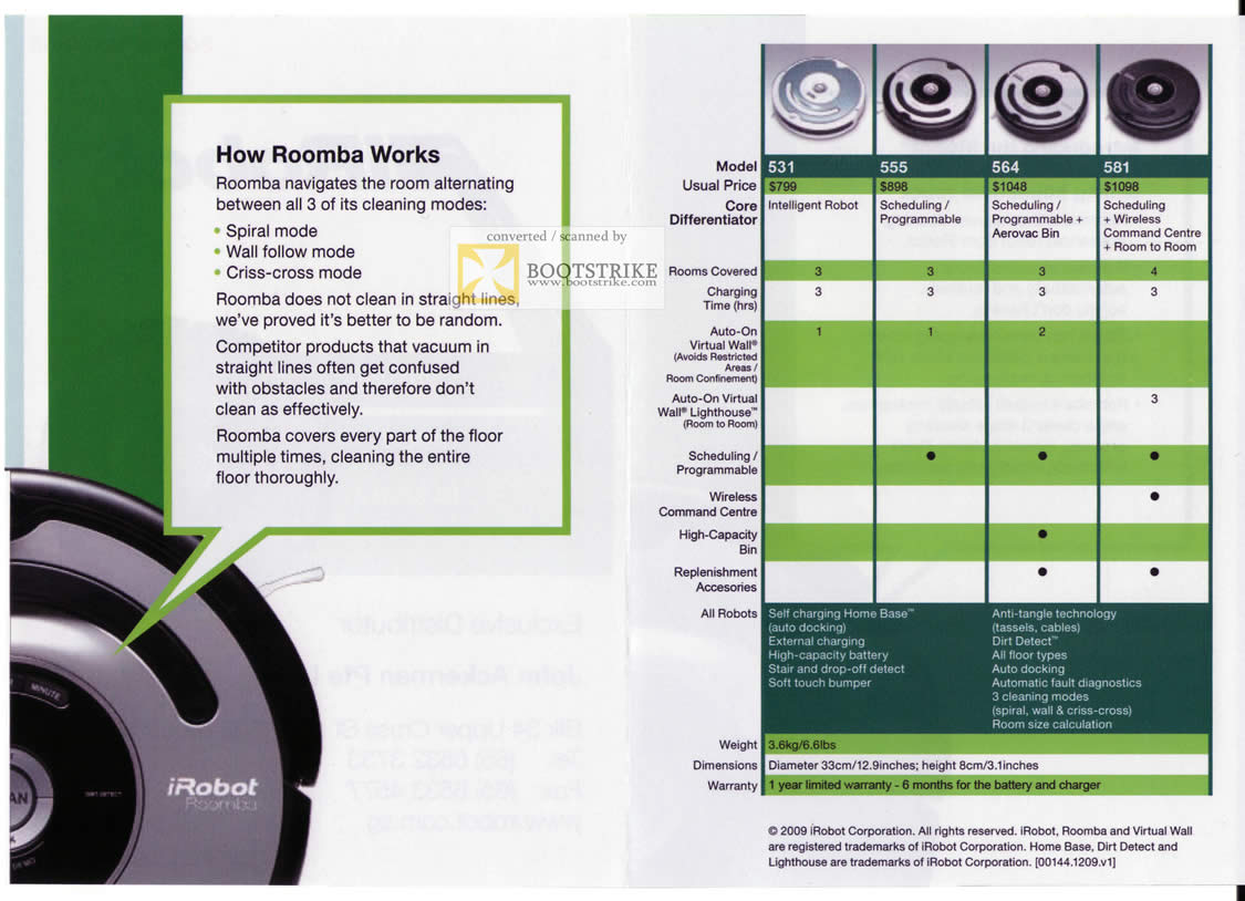 PC Show 2011 price list image brochure of John Ackerman IRobot Roomba How It Works Comparison Chart 531 555 564 581