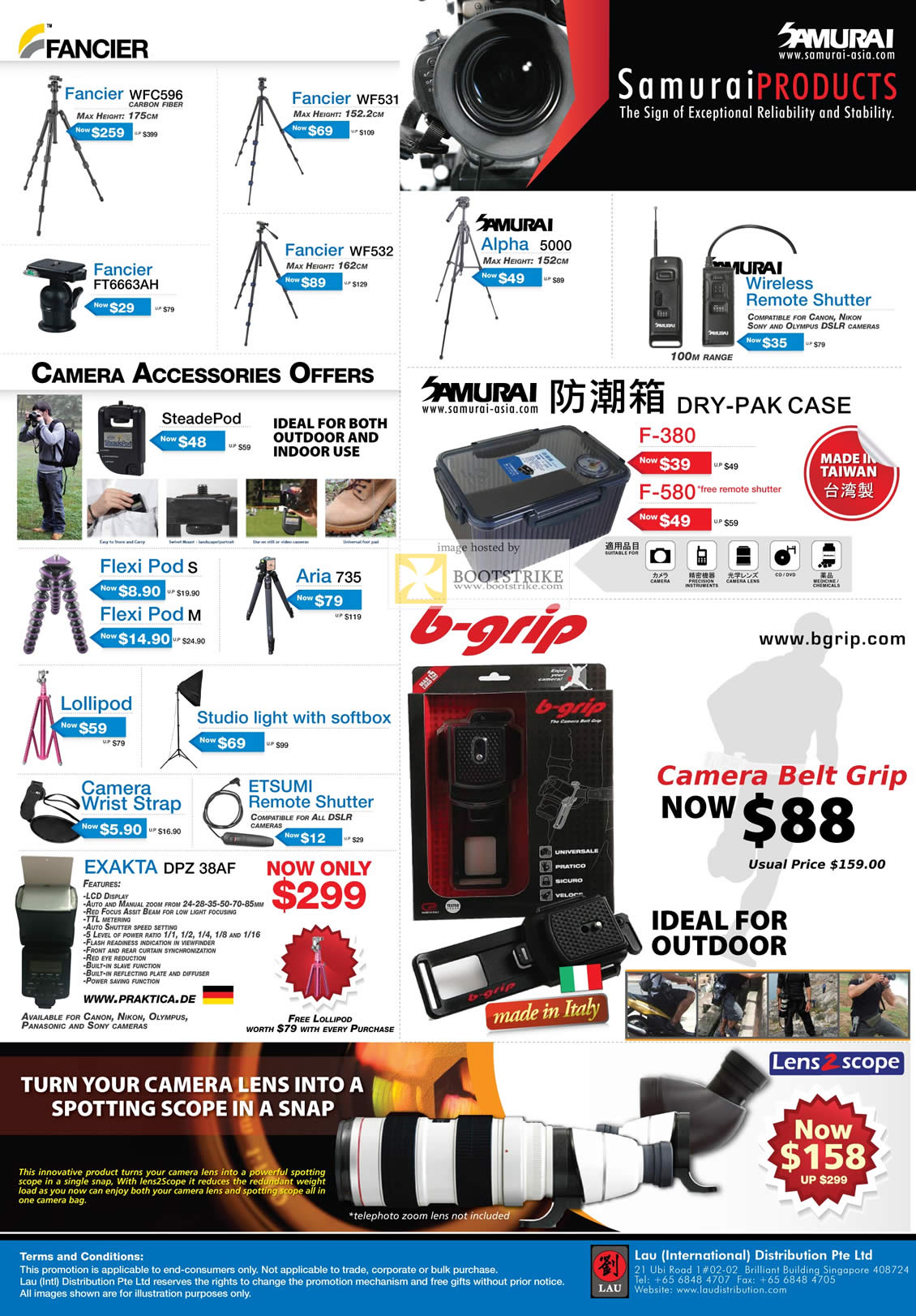 PC Show 2011 price list image brochure of Lau Intl Samurai Tripods Camera Accessories Francier Alpha Wireless Remote Shutter SteadePod Dry Pack Case Flexi Pod Lollipod Studio Light B-Grip Belt Grip Exakta Etsumi Lens2Scope