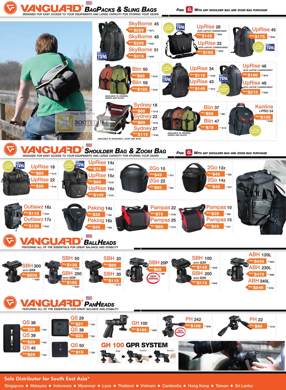 PC Show 2011 price list image brochure of Lau Intl Vanguard Bags Packs Sling SkyBorne UpRise Biin Kenline Sydney Shoulder Zoom Outlawz Pampas 2Go Peking Ballheads SBH ABH Pan Heads QS GH PH GPR System