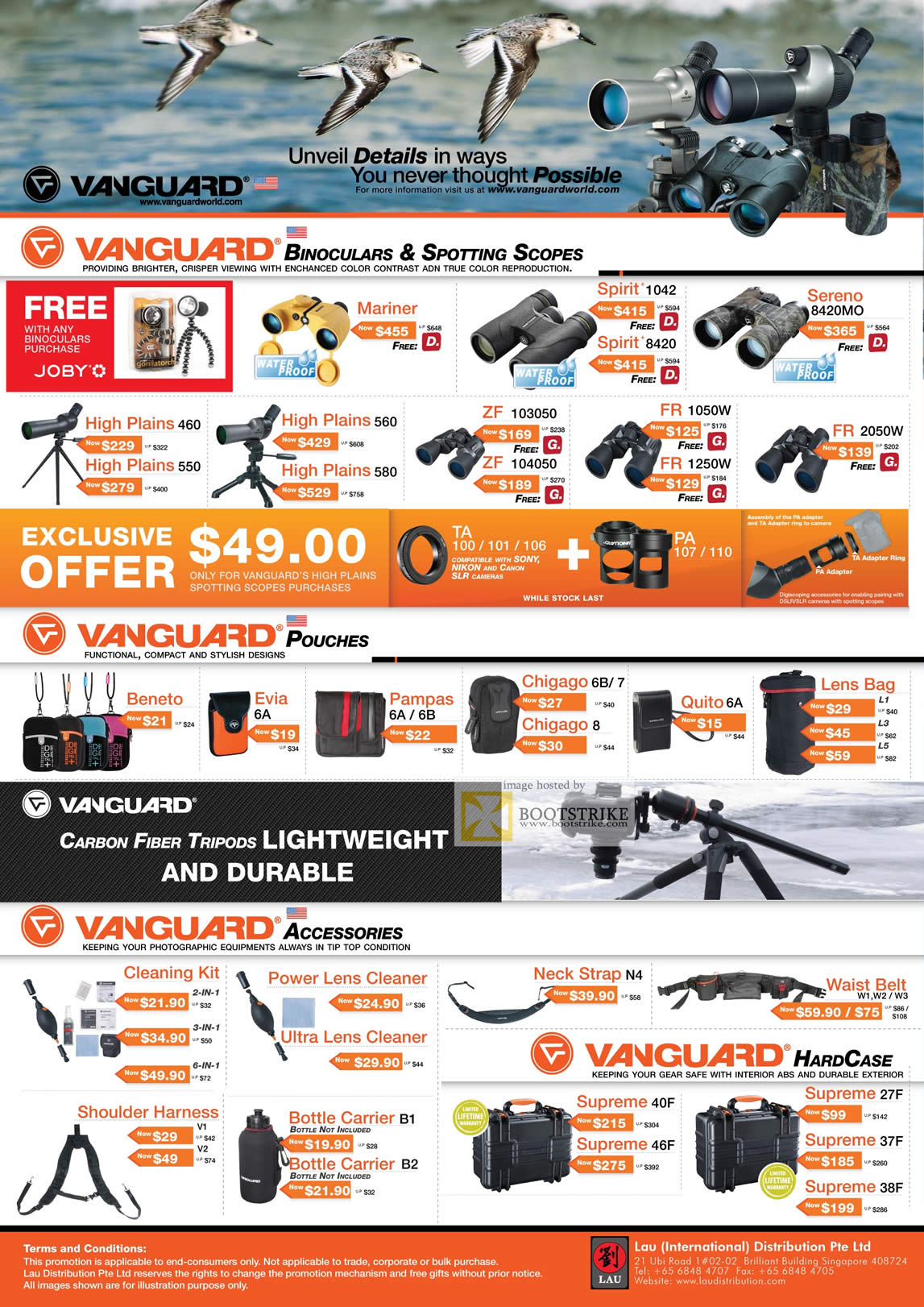 PC Show 2011 price list image brochure of Lau Intl Vanguard Binoculars Spotting Scopes Mariner Spirit Sereno High Plains ZF FR Pouch Beneto Evia Pampas Chigago Quito Lens Cleaner Case Supreme Bottle Carrier