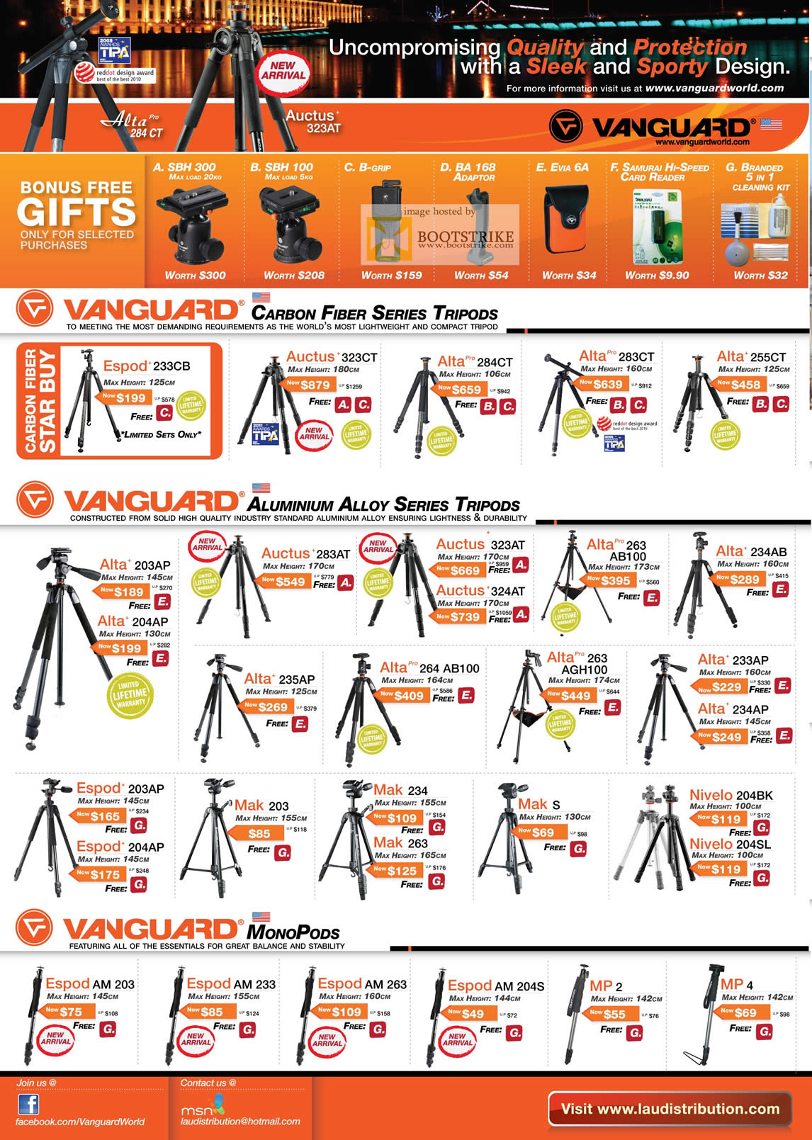 PC Show 2011 price list image brochure of Lau Intl Vanguard Carbon Fiber Tripods Auctus Alta Espod Mak Nivelo AM MP