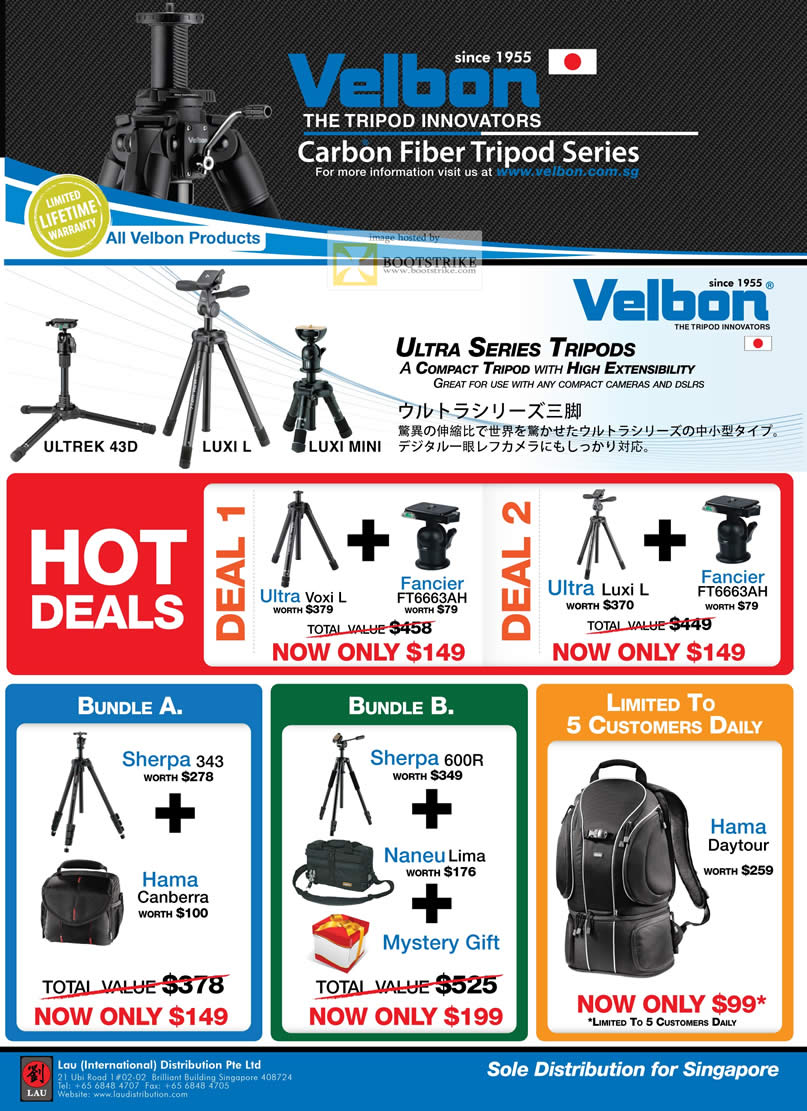 PC Show 2011 price list image brochure of Lau Intl Velbon Tripod Bundles Carbon Fiber Ultra Ultrek 43D Luxi L Mini Voxi Francier Sherpa Hama Naneu Daytour Bag