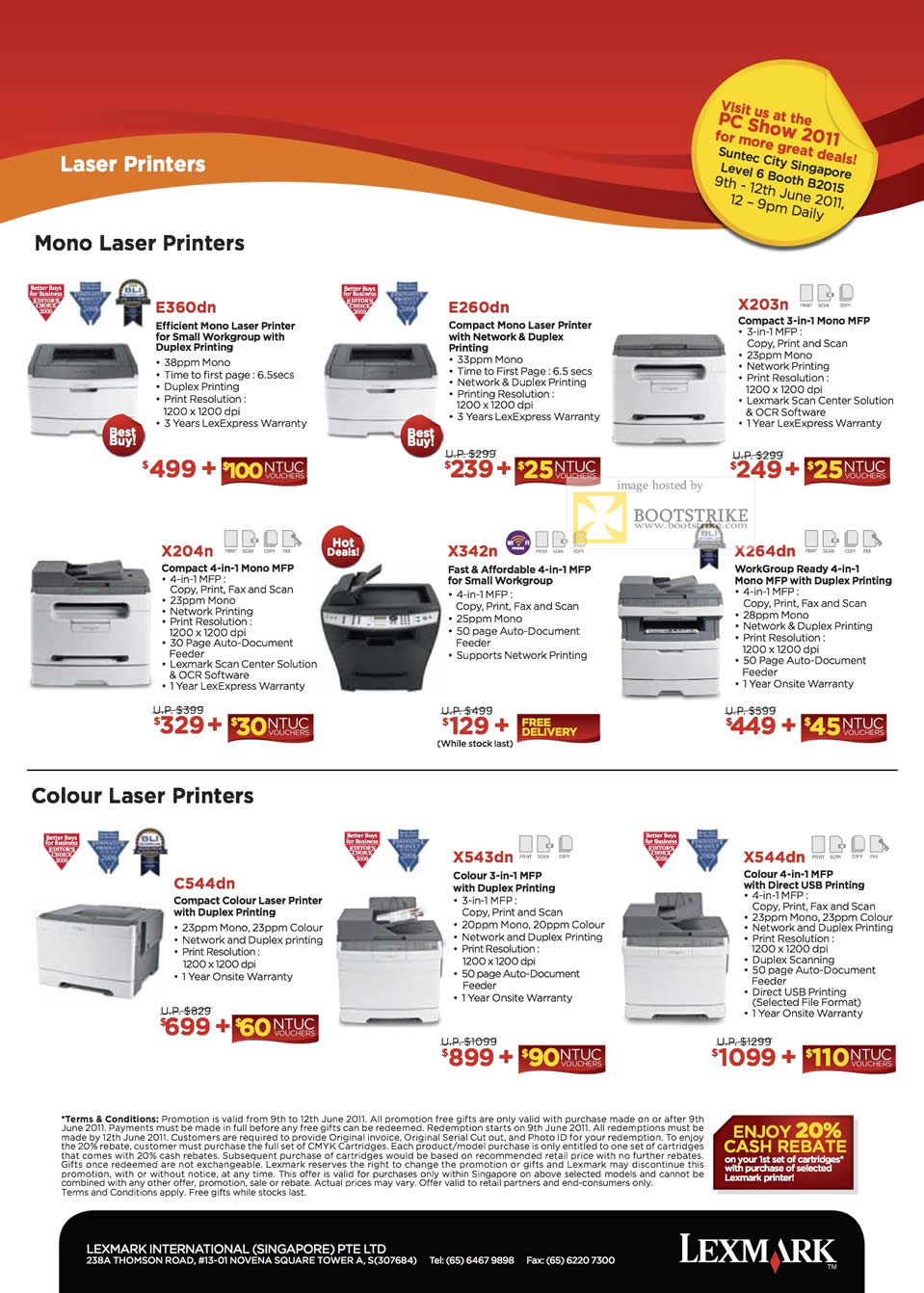 PC Show 2011 price list image brochure of Lexmark Printers Laser Mono E360dn E260dn X203n X204n X342n X264dn Colour C544dn X543dn X544dn Workgroup USB Network