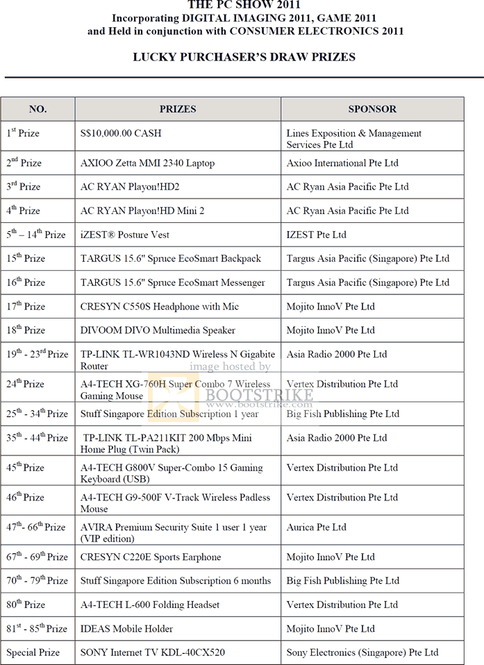 PC Show 2011 price list image brochure of Lucky Draw Prizes