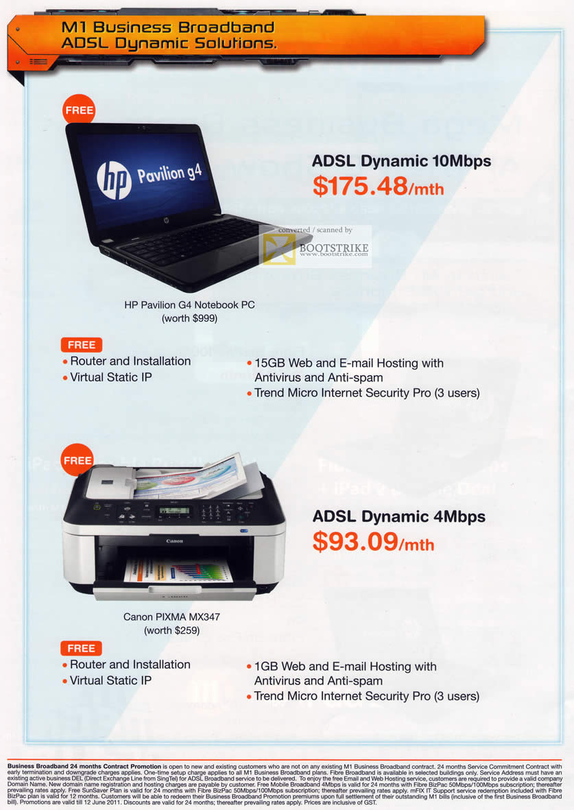 PC Show 2011 price list image brochure of M1 Business ADSL Dynamic 15Mbps Free HP Pavilion G4 4Mbps Canon Pixma MX347