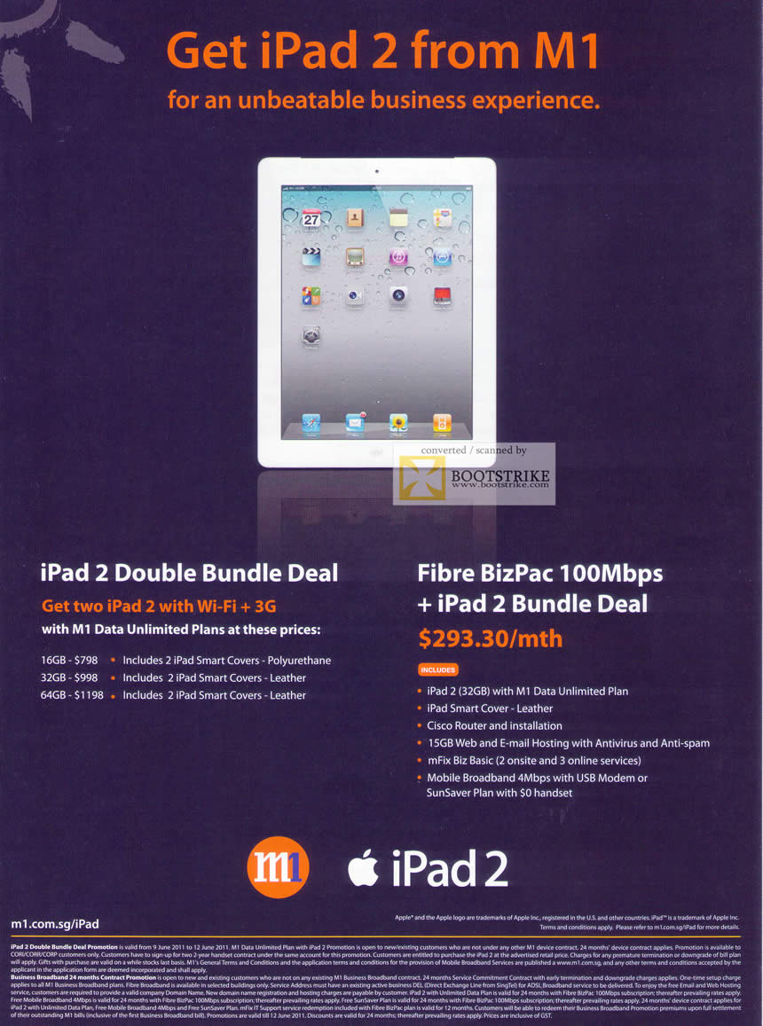 PC Show 2011 price list image brochure of M1 Business Apple IPad 2 Double Bundle Deal Wi-Fi 3G Fibre BizPac 100Mbps