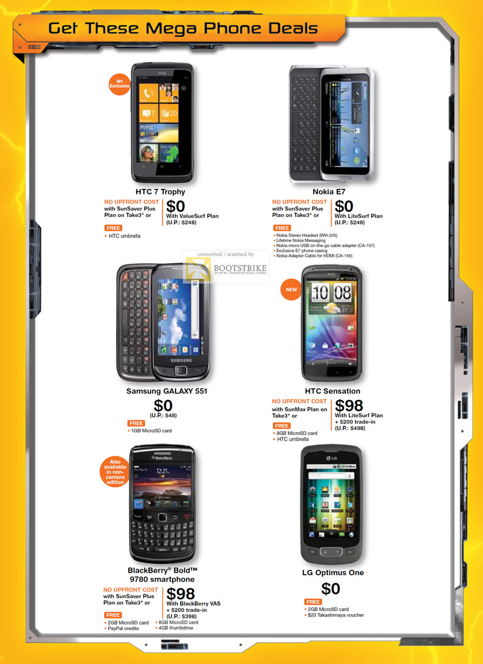 PC Show 2011 price list image brochure of M1 Mobile Phones HTC 7 Trophy Nokia E7 Samsung Galaxy 551 HTC Sensation Blackberry Bold 9780 LG Optimus One