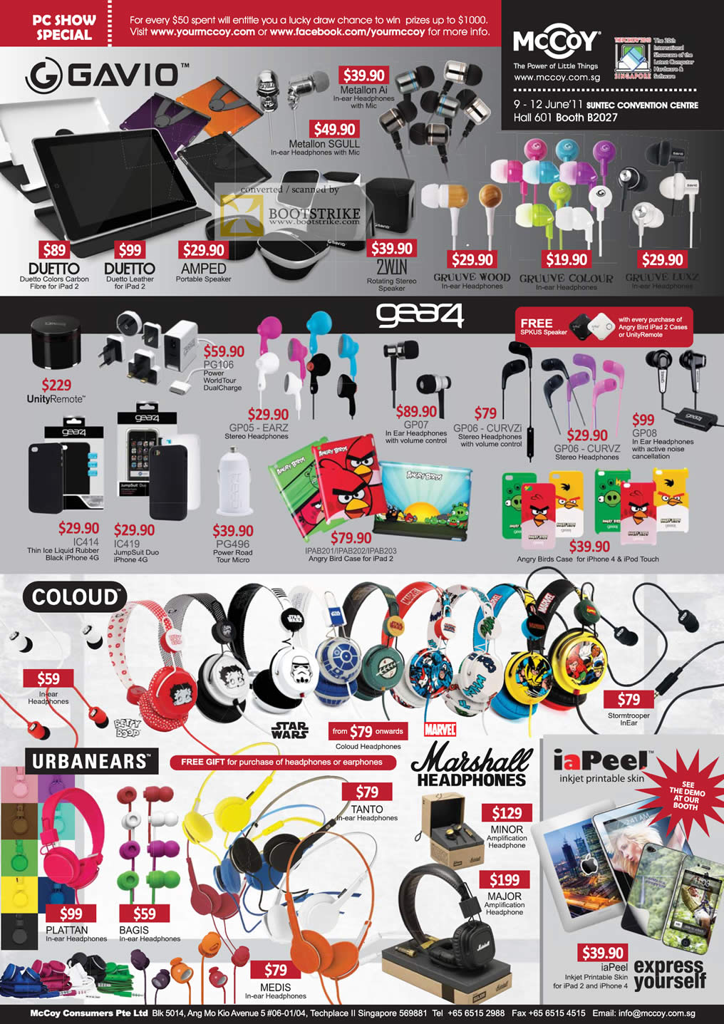 PC Show 2011 price list image brochure of Mccoy Gavio Duetto Amped Metallion SGULL Gruuve Wood Colour Gear4 UnifyRemote Earphones Headphones Speakers Angry Birds Coloud Urbanears Marshall IaPeel